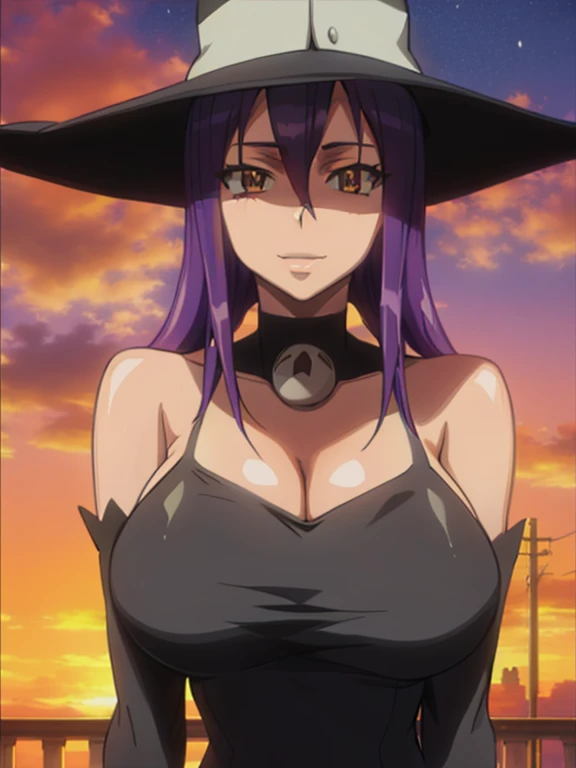 best quality, masterpiece, upper body, blair's hat, curls, black dress, detached sleeves,highschoolofthedead, smile, huge breasts