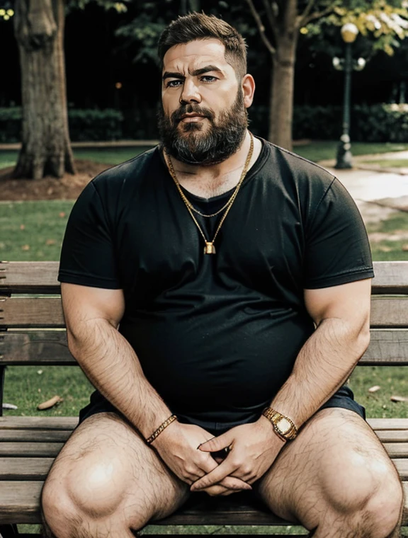 He is sitting with his legs open and resting one arm on the park bench., He is a chubby man, with extremely thick thighs, a large belly, fat, 50 years old, bearded, with a huge beard, wearing an open, unbuttoned plaid t-shirt, usando apenas sunga branca meias pretas, gold chain neck rings, watch on wrist, pulseiras no pulso, fotografia de Corpo completo imagem de corpo inteiro, low side angles. Detailed image dynamic image. He doesn't wear clothes.