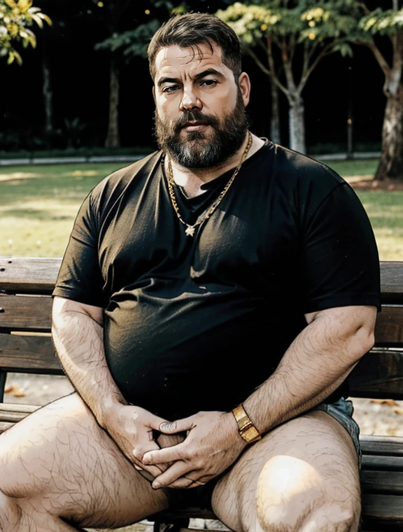 He is sitting with his legs open and resting one arm on the park bench., He is a chubby man, with extremely thick thighs, a large belly, fat, 50 years old, bearded, with a huge beard, wearing an open, unbuttoned plaid t-shirt, usando apenas sunga branca meias pretas, gold chain neck rings, watch on wrist, pulseiras no pulso, fotografia de Corpo completo imagem de corpo inteiro, low side angles. Detailed image dynamic image. He doesn&#39;t wear clothes.