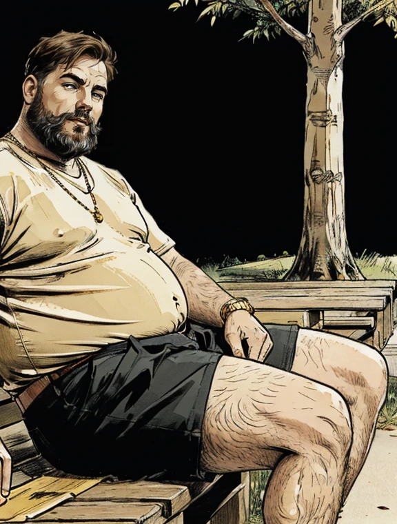He is sitting with his legs open and resting one arm on the park bench., He is a chubby man, with extremely thick thighs, a large belly, fat, 50 years old, bearded, with a huge beard, wearing an open, unbuttoned plaid t-shirt, usando apenas sunga branca meias pretas, gold chain neck rings, watch on wrist, pulseiras no pulso, fotografia de Corpo completo imagem de corpo inteiro, low side angles. Detailed image dynamic image. He doesn't wear clothes.