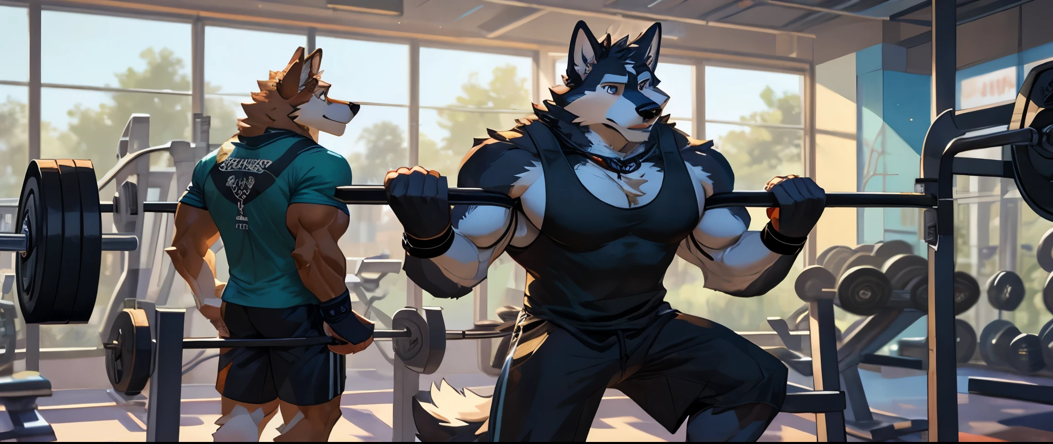 Husky dog, anthro, muscular, black shorts, black tank top, black wristbands, gym, cable extraction workout, 2d Disney art