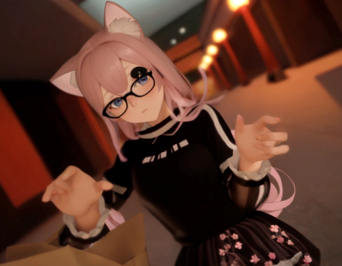 anime girl with pink hair and glasses holding a paper bag, vrchat, anime catgirl, Nekomimi, Estilo animed 3d, cute anime catgirl, Estilo anime. 8K, catgirl, Bela Delfina, 3d rendering of a cute anime girl, pixiv 3dcg, garota de anime com orelhas de gato