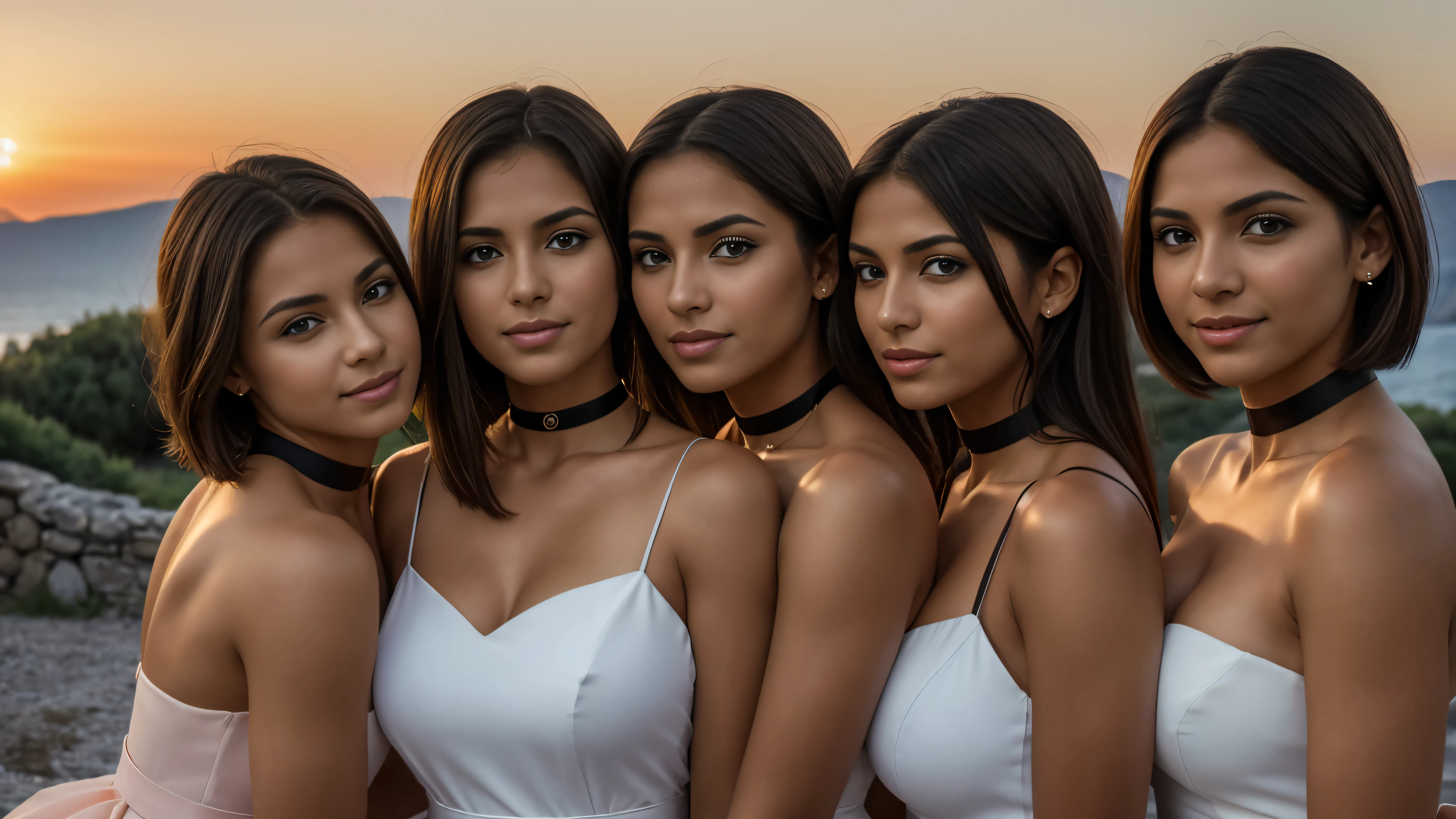 Isabel Merced, group of girls in dresses, (long bob_cut hair), choker, getting ready for a greek wedding, sunset, smiling, (kissing:1.2), (skin texture:1.1), (high detail face:1.1), full bodyshot, high detail body, high detail clothes, (big breasts:1.3),(masterpiece), (realistic), ultra high definition, 4k, ultra high resolution, cinematic lighting, rim lighting, photo by Arny Freytag, RAW image