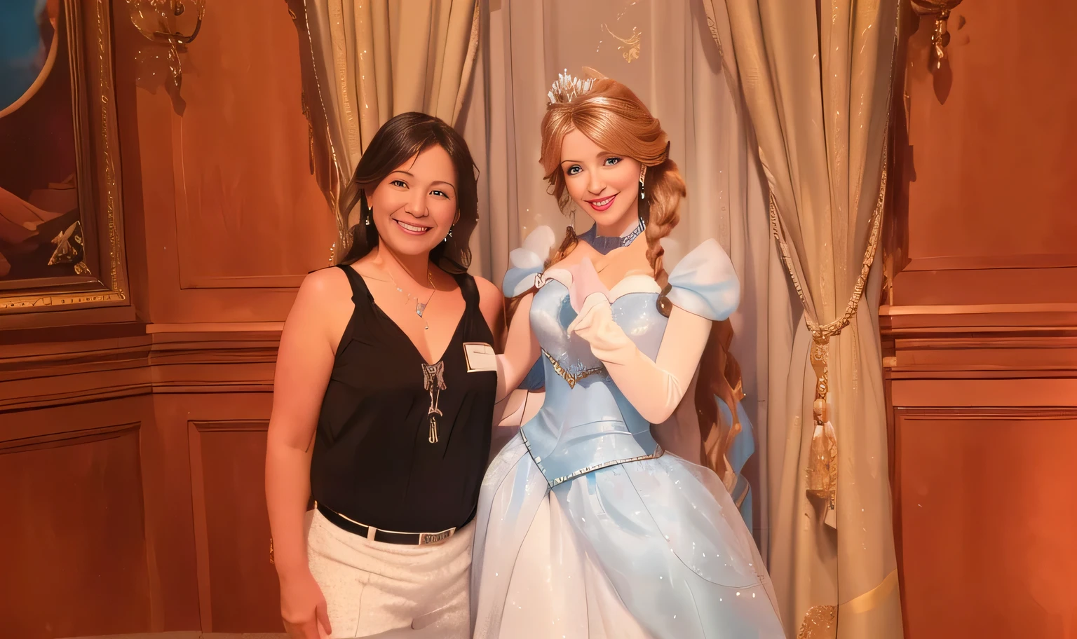 there is a woman next to Princess Anna from Frozen Disney artist, Disney 8k photo, Cinderella, photo taken in 2016, USA-September 20, Disney character, realistic Disney photo, smiling like a fairy queen, image of profile, photo taken in 2016, magic of the magical world, magical kingdom inside a castle at Disney World's Magic Kingdom, in Walt Disney World.
A beautiful woman, with white skin and dark brown hair. She is about 45 years old, 165 cm tall and weighs 56 kg. She had modeled legs, perfect legs, toned legs, perfect mouth, medium breasts, perfect face. Her body exudes glamor and her face is a definition of beauty. Slender body, thin waist. Highly realistic, hyperrealism, very elaborate skin. Clear photo, high resolution, high quality, masterpiece, 16K photo, high contrast, masterpiece