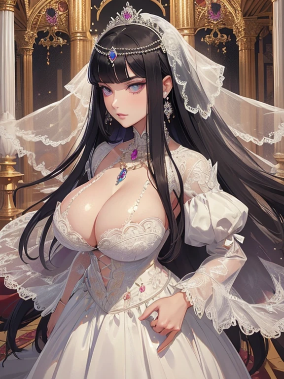 ((Anime art style)),masterpiece,best quality,Super Detail,Very delicate and beautiful,Solitary,((whole body)),((1 arrogant的 royal queen wearing Beautiful embroidery and jewellery,Gorgeous and solemn white wedding dress,With a wide skirt)),petticoat,(,long ,Skin dentition),jewel eyes,(arrogant的,arrogant),((arrogant smile)),Sharp eyes,Purple Eyes,Dominant posture,((There are bangs between the eyes,Fluffy straight hair,extremely long straight Hair)),Black Hair,Gorgeous embroidery and lace,Huge puff sleeves,Luxury Hair Accessories,A gorgeous jewel-encrusted headdress,Long trains,bling-bling gorgeous gemstone jewelry,Long wedding dress,Detailed face and eyes,whole body,((Beautiful embroidery and jewellery,Gorgeous and solemn white wedding dress,With a wide skirt))(((Large Breasts)))Breast sagging、Low-cut(((Cleavage )))、(((Wide hips,)))(((Hourglass figure)))((Long legs))