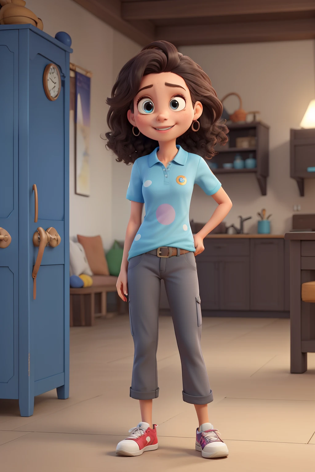 alta, Gray pants, blusa azul escuro com gola polo, medium wavy shoulder length hair, pele clara, olhos castanhos e tenis all star preto, Badge on neck, feliz, alta, estilo pixar 3d cartoon