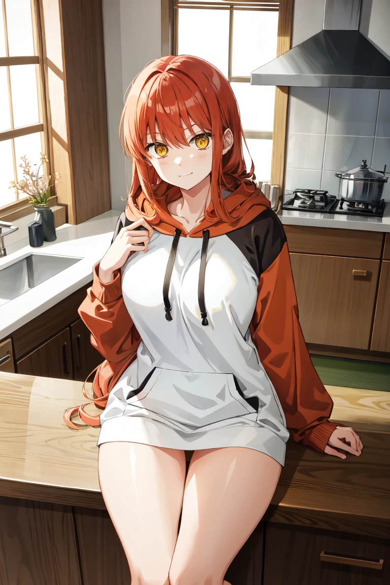 makima\(chainsaw man\), long sleeves, red hair, large breasts, solo, looking at viewer, thick thighs, hand in lap, yellow eyes, 1girl, thick hoodie, heavy hoodie, long flowing hair, indoors, white hoodie strings, makima, 36 year old mature woman, milf, standing in kitchen, serious eyes contraditing smile, beautiful japanese home, extremely welcoming, long face, no pants, oversized hoodie, 3/4, body shot