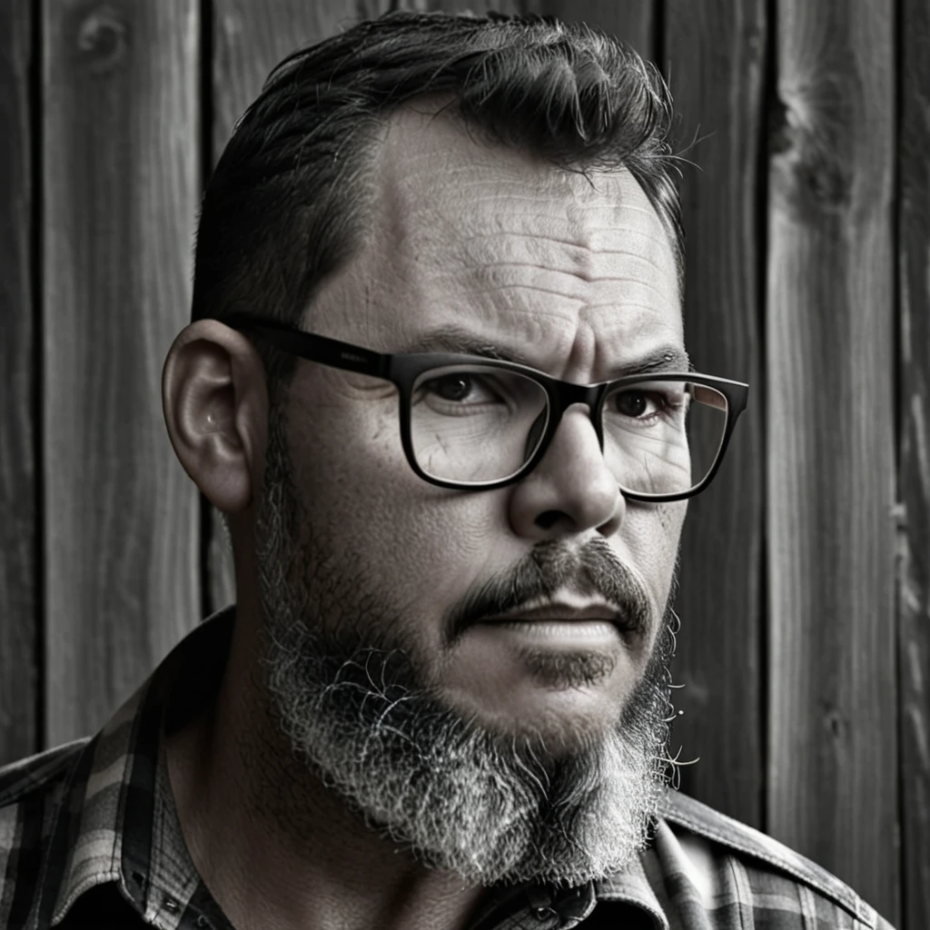 Create a striking black and white portrait of a rugged lumberjack wearing glasses, emphasizing the contrasts between light and shadow. His intense gaze pierces through the monochrome frame, drawing the viewer's attention to the intricate details of his beard and the sharp lines of his military-style haircut. The chiaroscuro lighting adds depth and drama to the composition, accentuating the texture of the rustic wooden wall behind him. This timeless photograph evokes a sense of strength and resilience, capturing the essence of the modern-day woodsman in a grayscale masterpiece.
gutto2024sdxl