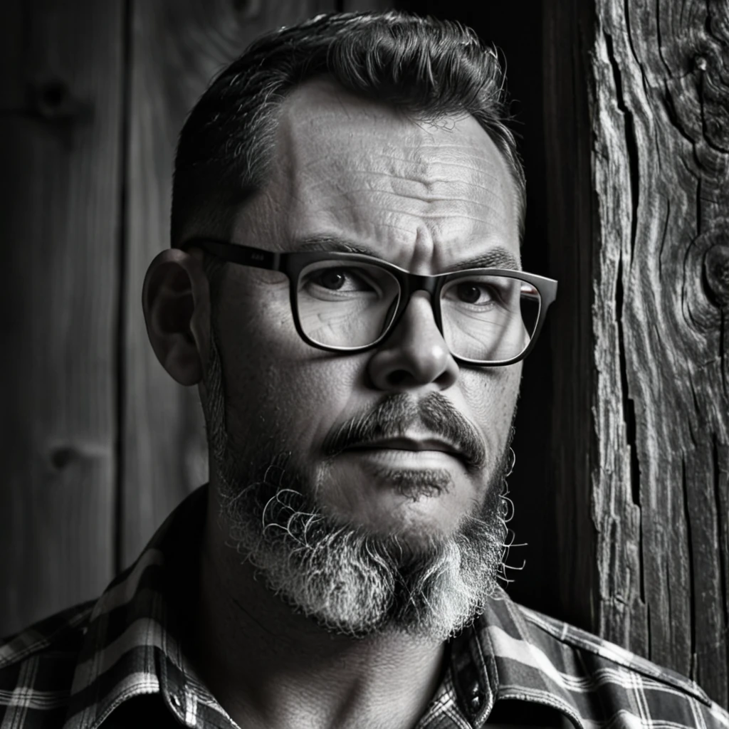 Create a striking black and white portrait of a rugged lumberjack wearing glasses, emphasizing the contrasts between light and shadow. His intense gaze pierces through the monochrome frame, drawing the viewer's attention to the intricate details of his beard and the sharp lines of his military-style haircut. The chiaroscuro lighting adds depth and drama to the composition, accentuating the texture of the rustic wooden wall behind him. This timeless photograph evokes a sense of strength and resilience, capturing the essence of the modern-day woodsman in a grayscale masterpiece.
gutto2024sdxl