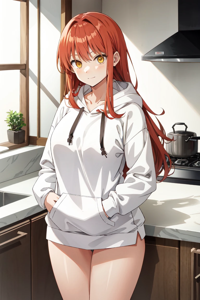 makima\(chainsaw man\), long sleeves, red hair, large breasts, solo, looking at viewer, thick thighs, hand in lap, yellow eyes, 1girl, thick hoodie, heavy hoodie, long flowing hair, indoors, white hoodie strings, makima, 36 year old mature woman, milf, standing in kitchen, serious eyes contraditing smile, beautiful japanese home, extremely welcoming, long face, no pants, oversized hoodie, 3/4, body shot, light pink hoodie almost white