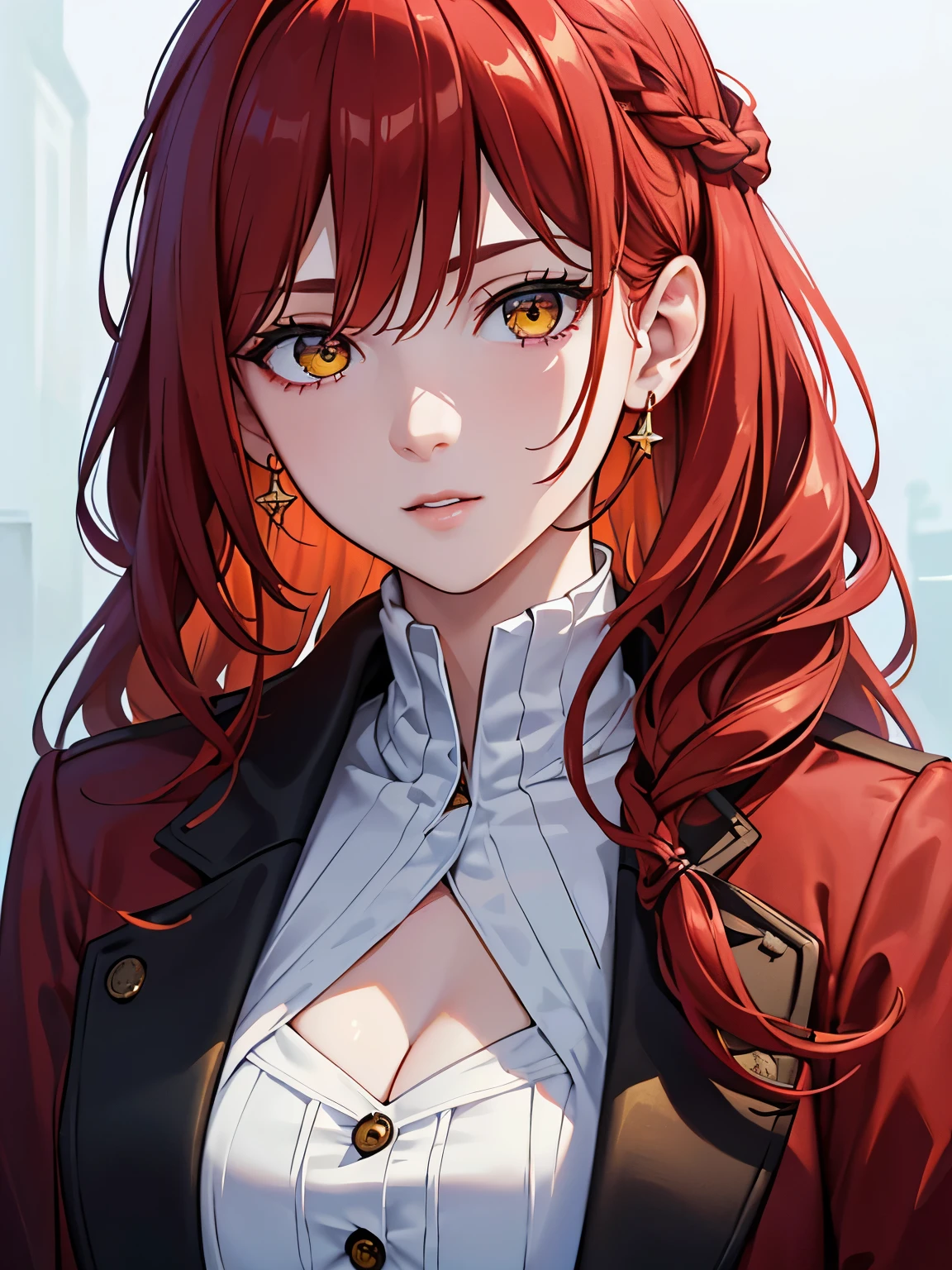 masterpiece, best quality, 1girl, red hair, yellow eyes,  black overcoat, detailed eyes, detailed facial features, realistic and high resolution (best quality, 4k, 8k, highres, masterpiece:1.2), mature, woman, looking at camera, braid, mugshot, upper body