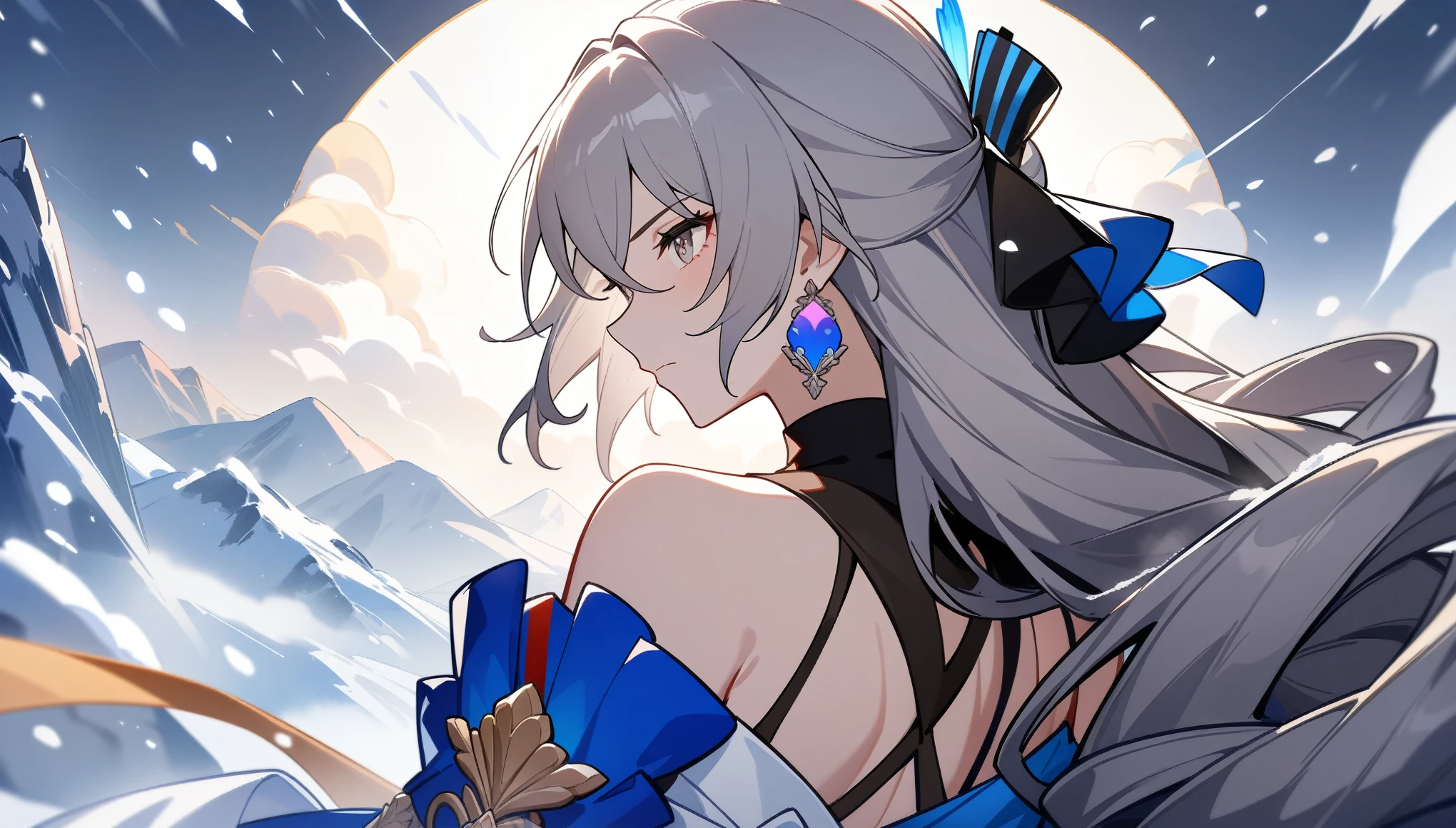 1girl, female focus, bronya, bronya rand, honkai star rail, masterpiece, best quality, extreme close up, side profile, back turned, detailed grey eyes, serious expression, blizzard, snowy mountains, absurdres, epic composition, centered, masterpiece, clean lineart, clean anime outlines, best quality, high quality, high details, super detail, anatomically correct, best quality, ultra-detailed, colorful, dynamic lighting, HD,