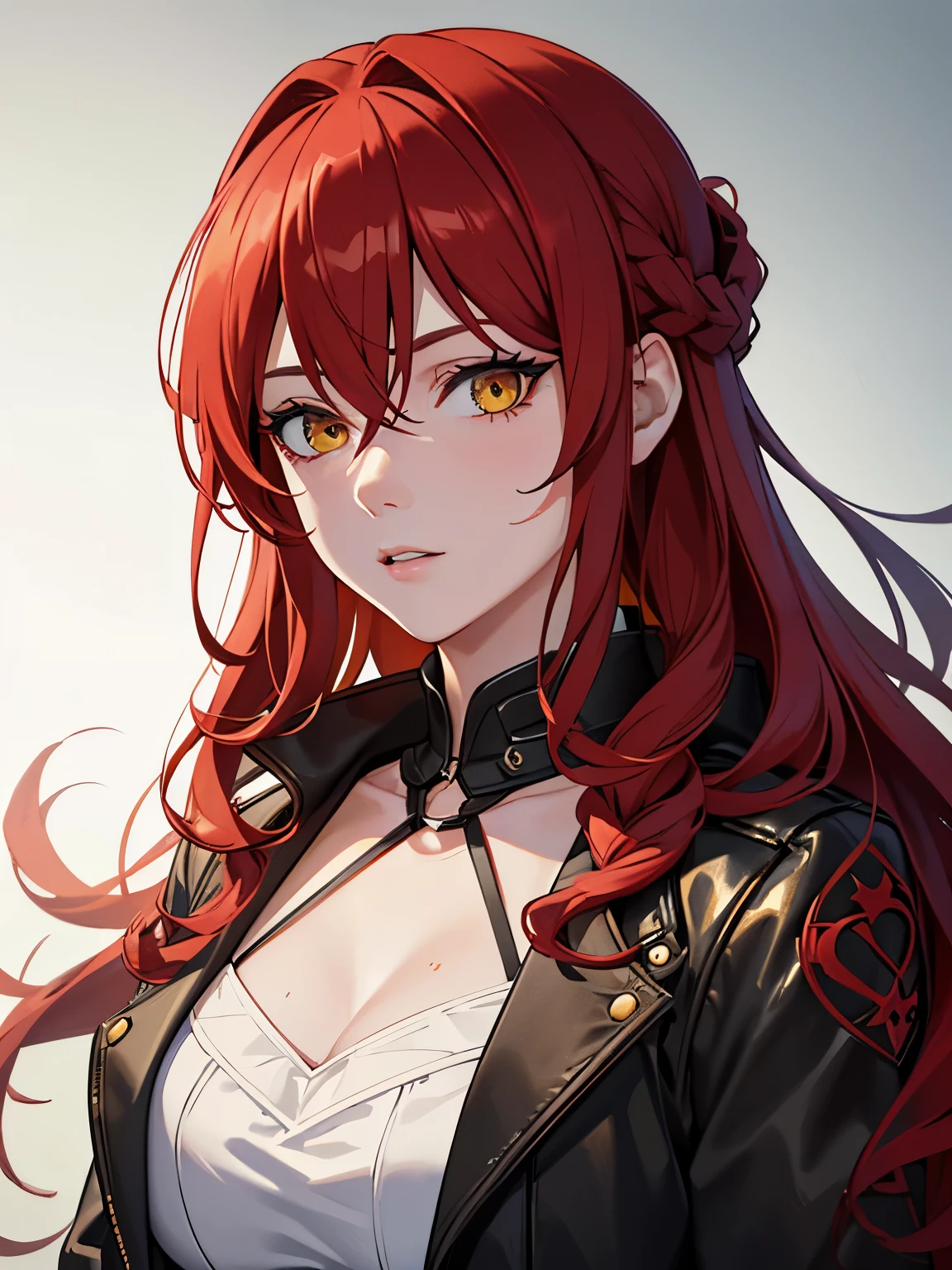 masterpiece, best quality, 1girl, red hair, yellow eyes, black overcoat, detailed eyes, detailed facial features, realistic and high resolution (best quality, 4k, 8k, highres, masterpiece:1.2), mature, woman, looking at camera, braid, mugshot, upper body, white background, close up
