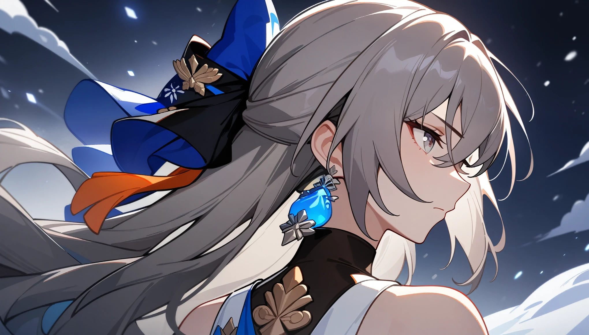 1girl, female focus, bronya, bronya rand, honkai star rail, masterpiece, best quality, extreme close up, side profile, back turned, detailed grey eyes, serious expression, blizzard, snowy mountains, absurdres, epic composition, centered, masterpiece, clean lineart, clean anime outlines, best quality, high quality, high details, super detail, anatomically correct, best quality, ultra-detailed, colorful, dynamic lighting, HD,