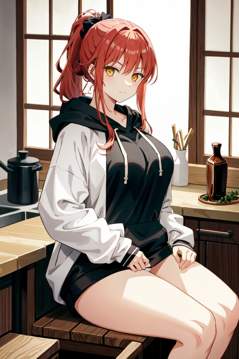 makima\(chainsaw man\), long sleeves, red hair, large breasts, solo, looking at viewer, thick thighs, hand in lap, yellow eyes, 1girl, thick hoodie, heavy hoodie, long flowing hair, indoors, white hoodie strings, makima, 36 year old mature woman, milf, standing in kitchen, serious eyes contraditing smile, beautiful japanese home, extremely welcoming, long face, no pants, oversized hoodie, 3/4, body shot, light pink hoodie almost white, ponytail