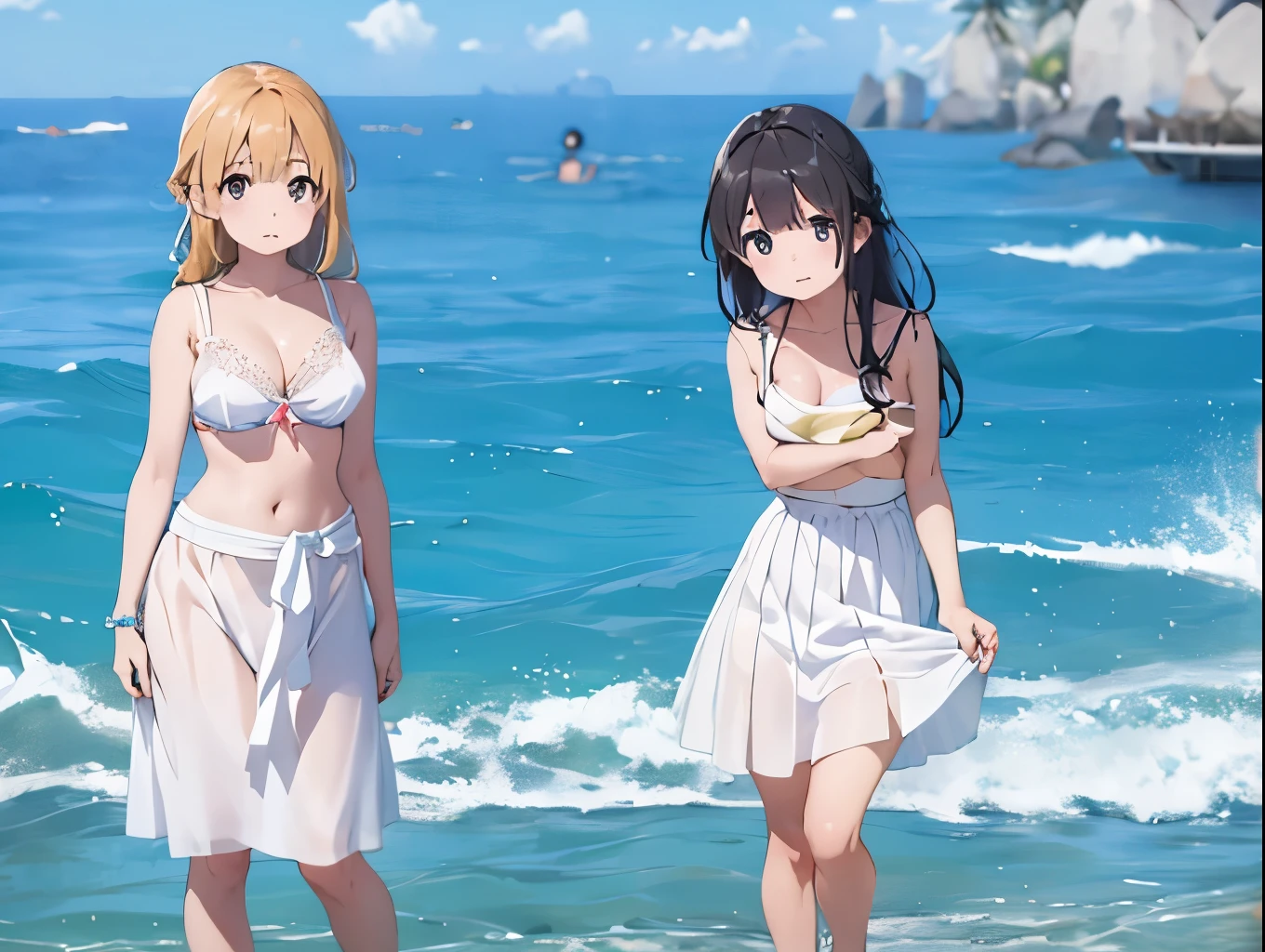 A cute white dress shirt and a light blue bra that clings to her body.、Her skirt is lifted to reveal her light blue underwear、A cute topless bra in a light blue color、Cute light blue underwear、Sandy beach, ocean and blue、Big Breasts、barefoot、Standing posture、Hug、