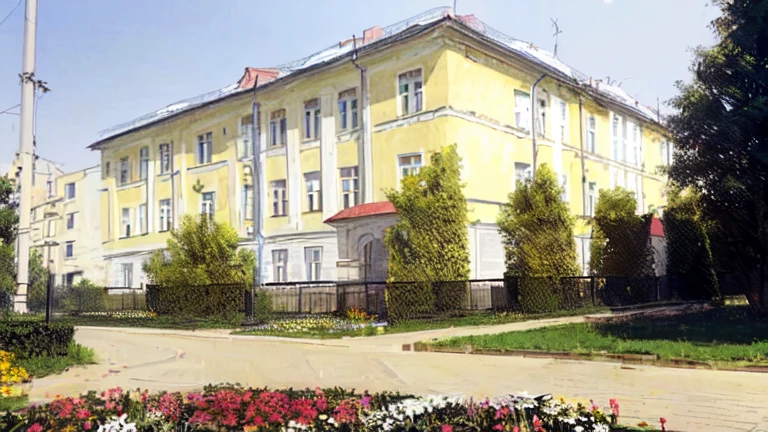 yellow building with a clock in the middle of a flower bed, danube school, historical image, russian academic, scientific photo, hasbulla magomedov, artyom turskyi, hospital, full building, school, khrushchyovkas, lozhkin, outside view, historical photo, private school, medical complex, vdovenko, schools