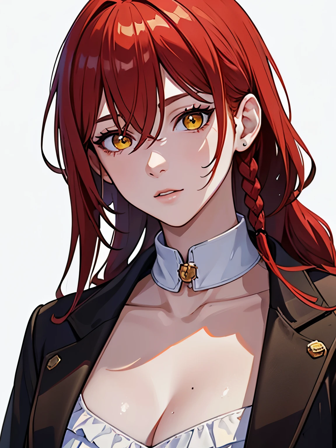 masterpiece, best quality, 1girl, red hair, yellow eyes,  black jacket, detailed eyes, detailed facial features, realistic and high resolution (best quality, 4k, 8k, highres, masterpiece:1.2), mature, woman, looking at camera, braid, mugshot, upper body, white background, close up