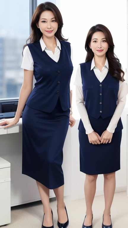 multipul angle、front、side、back、(Full body photo:1.4)、Elegant long hair、45-year-old office lady、Intelligent married woman、Beautifully detailed hair、Beautiful and detailed brown eyes、beautiful flat chest、Beautiful, clear skin、Medium chest、Office worker uniform、Shiny plain navy blue vest、Woman&#39;s wedding ring on the ring finger of her left hand、光沢のある紺色の膝下丈くらいのOffice worker uniformのペンシルスカート、Embarrassed face,surprise,I&#39;m happy and embarrassed