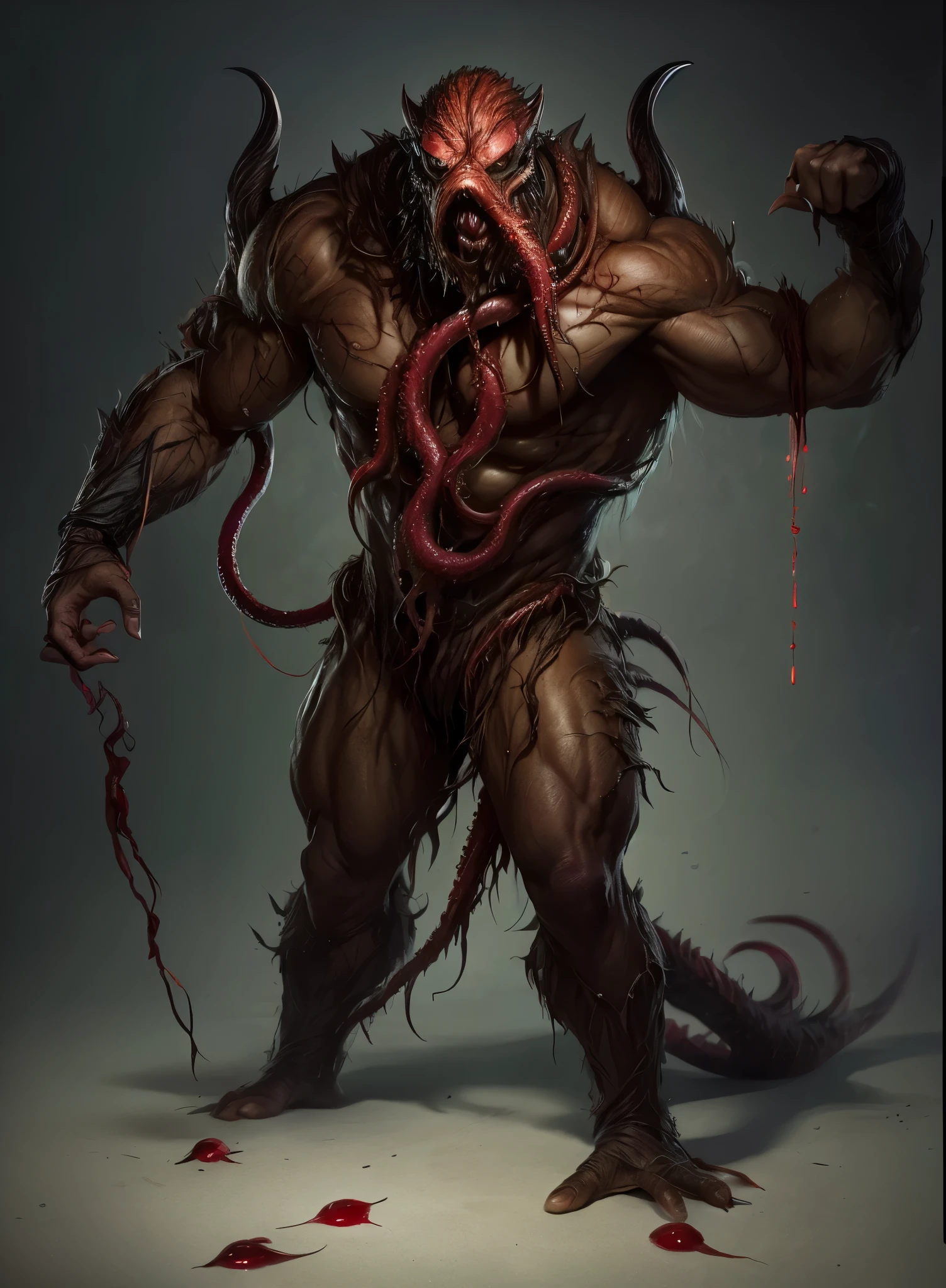 whole body、Please raise your arms high、Sharp Claws、expensive、expensive、obesity、always Bloody、Bloody、Bloody、Best image quality、masterpiece、8k、odd number、strongest、Brutal、monster、killer ghost、Wrestler、Large build、Face of fear、Tentacles、suction cup、8k,1 red skinned goblin,Highly detailed fantasy characters、Humanoid organisms、creature concept art、concept creature character art、超リアルなファンタジーmonster,Surreal,Real Skin,Realistic texture,