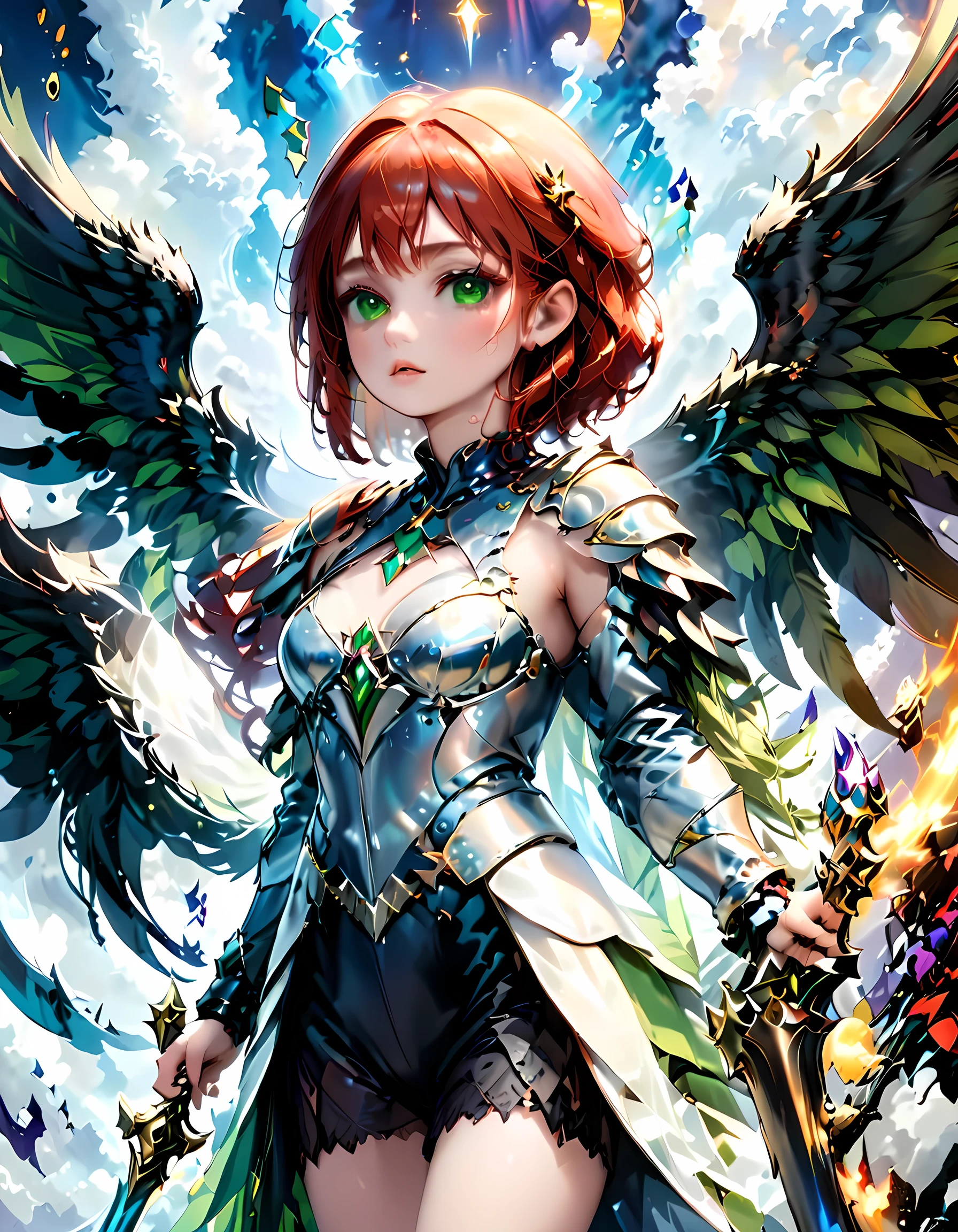 16k, ultra detailed, masterpiece, best quality, (extremely detailed), arafed, dnd art, panoramic view, full body, aasimar, female, (Masterpieceת intense details:1.3), female, sorceress, casting flaming spell(Masterpieceת intense details:1.3) large feathered wings,(white: 1.3) angelic wings spread (Masterpieceת intense details:1.3), fantasy magical heaven background (Masterpieceת intense details:1.3), moon, stars, clouds, wearing (azure: 1.3) armor (Masterpieceת intense details:1.3), high heeled boots (Masterpieceת intense details:1.3), armed with staff, (red hair: 1.4), (green eyes: 1.4), intense eyes, ultra feminine, ultra detailed face, (Masterpieceת intense details:1.5), (anatomically correct: 1.5), determined face, divine light, cinematic lighting, soft light, silhouette, photorealism, panoramic view ((Masterpieceת intense details:1.3) , Wide-Angle, Ultra-Wide Angle, 16k, highres, best quality, faize, 2.5D rendering, angel