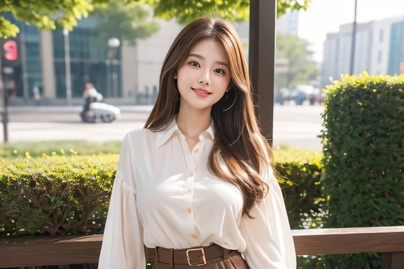 Highest quality、High resolution、8k wallpaper、Dense and beautiful eyedium hair、(Beautiful breasts:1.3)、Natural color lip、25 year old woman、woman、Brown Hair、Semi-long hair、smile、Fluffy blouse、Knee-length tight skirt、Applying lips、Company uniform、