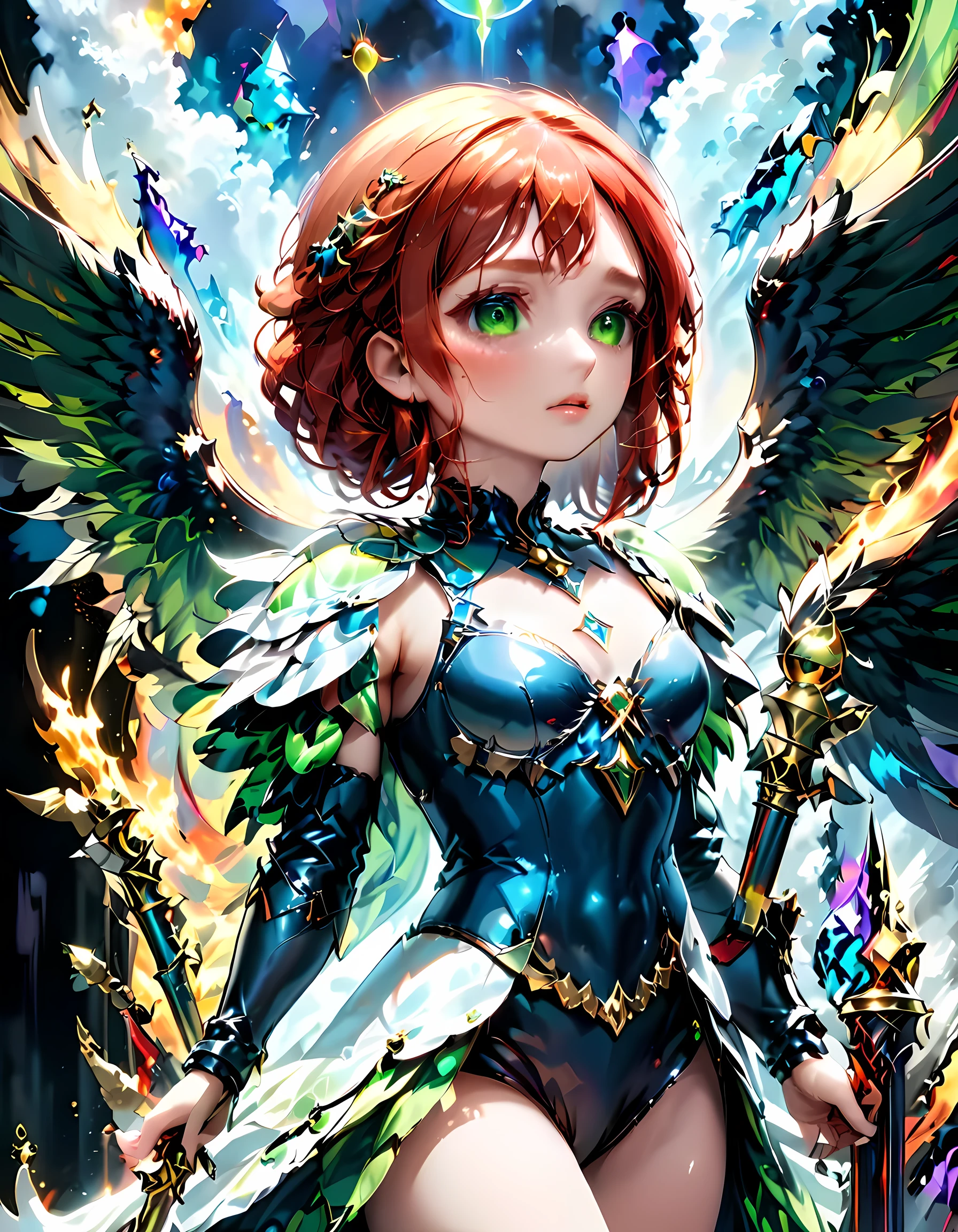 16k, ultra detailed, masterpiece, best quality, (extremely detailed), arafed, dnd art, panoramic view, full body, aasimar, female, (Masterpieceת intense details:1.3), female, sorceress, casting flaming spell(Masterpieceת intense details:1.3) large feathered wings,(white: 1.3) angelic wings spread (Masterpieceת intense details:1.3), fantasy magical heaven background (Masterpieceת intense details:1.3), moon, stars, clouds, wearing (azure: 1.3) armor (Masterpieceת intense details:1.3), high heeled boots (Masterpieceת intense details:1.3), armed with staff, (red hair: 1.4), (green eyes: 1.4), intense eyes, ultra feminine, ultra detailed face, (Masterpieceת intense details:1.5), (anatomically correct: 1.5), determined face, divine light, cinematic lighting, soft light, silhouette, photorealism, panoramic view ((Masterpieceת intense details:1.3) , Wide-Angle, Ultra-Wide Angle, 16k, highres, best quality, faize, 2.5D rendering, angel