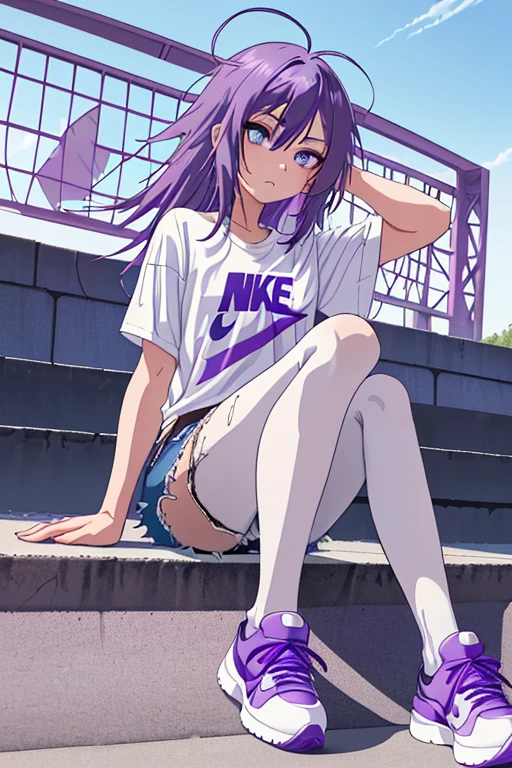 anime, girl, solo, violet hair, amethyst eyes, beautiful eyes, sitting on the floor, camera from bottom to top, nike sneakers, sun light, white shirt, long shirt, loose shirt, jean shorts, punk girl, messy hair, looking to the horizon, serious, casual punk shirt, pantyhose, blue sky, 4k, HD, 