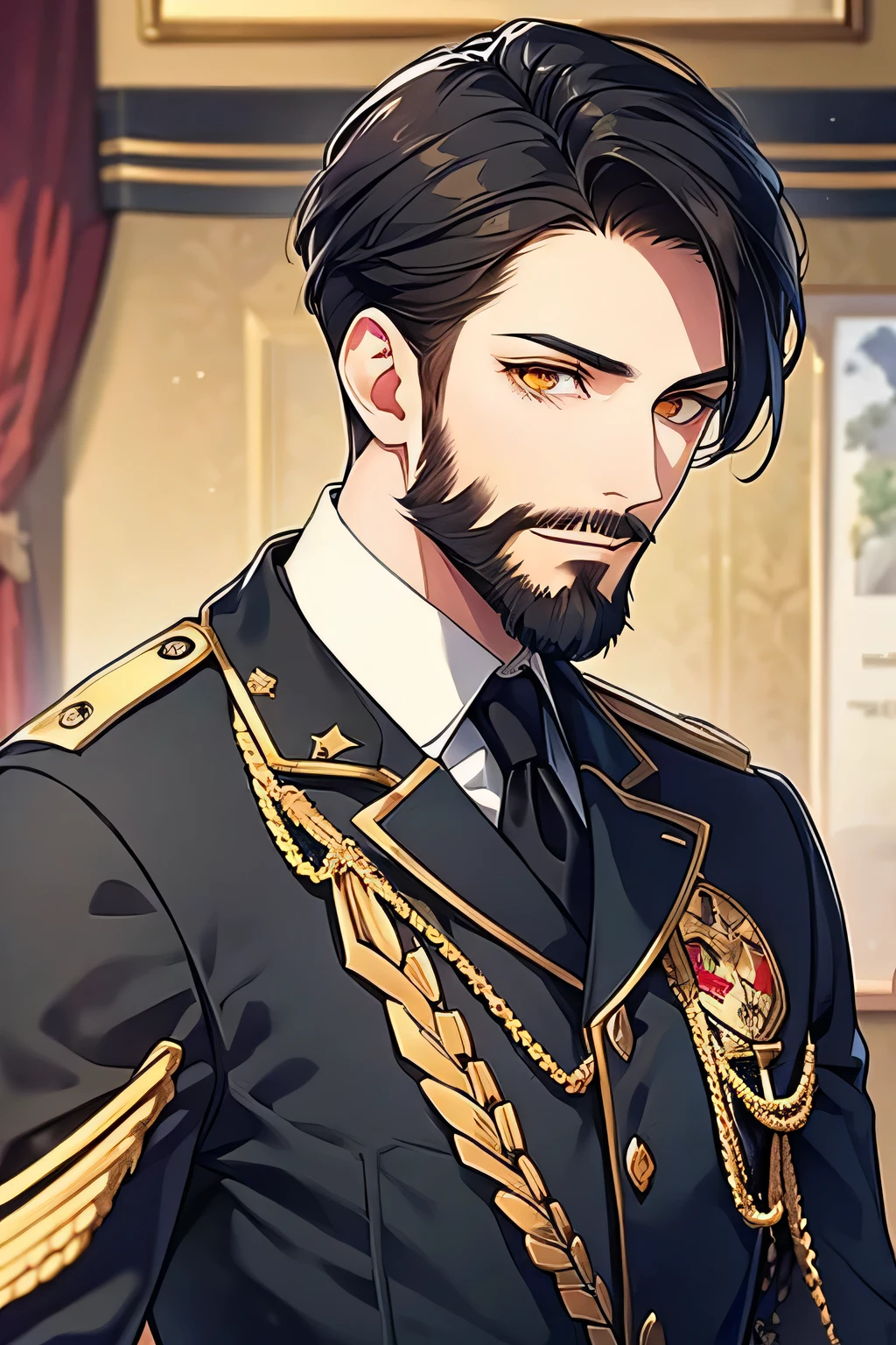 1 person, beard, short black hair, golden eyes, military uniform of the navy, I'm standing on the ground, a high resolution, ultra sharp, 8K, masterpiece