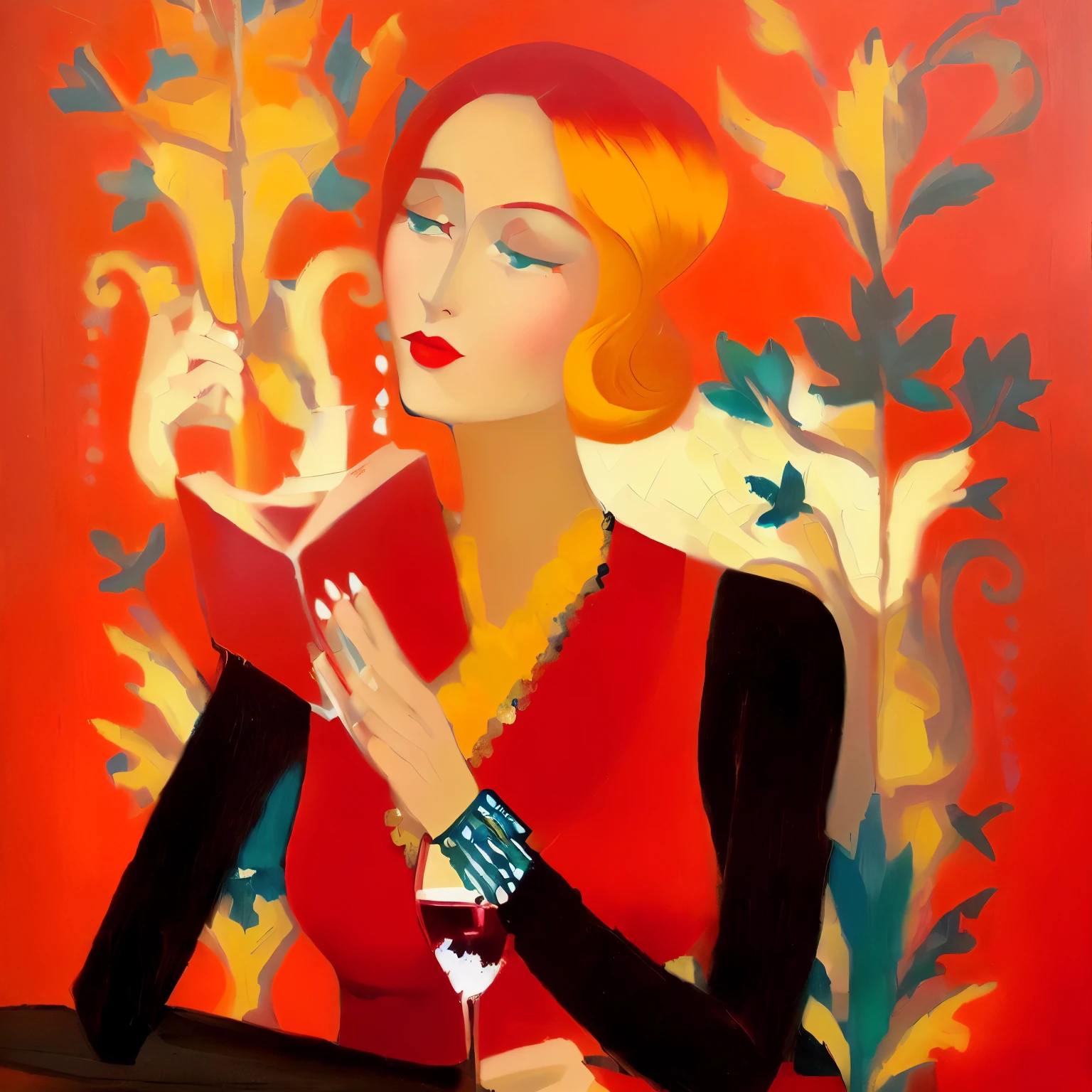 painting of a woman holding a glass of wine and a cigarette, art deco painting, by Zofia Stryjenska, she holds a glass of wine, an art deco painting, by Andrzej Pronaszko, art deco portrait, inspired by Gerda Wegener, by Adrienn Henczné Deák, by Daphne Fedarb