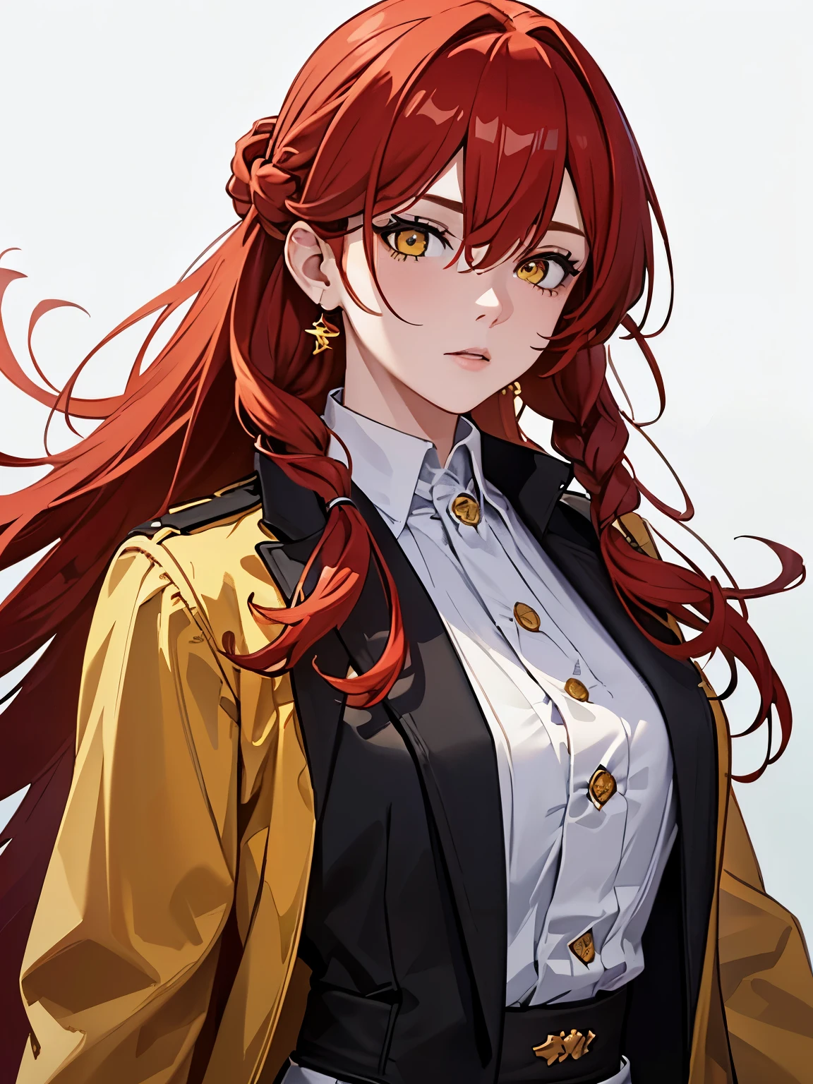 masterpiece, best quality, 1girl, red hair, yellow eyes, black jacket, detailed eyes, detailed facial features, realistic and high resolution (best quality, 4k, 8k, highres, masterpiece:1.2), mature, woman, looking at camera, braid, mugshot, upper body, white background, close up