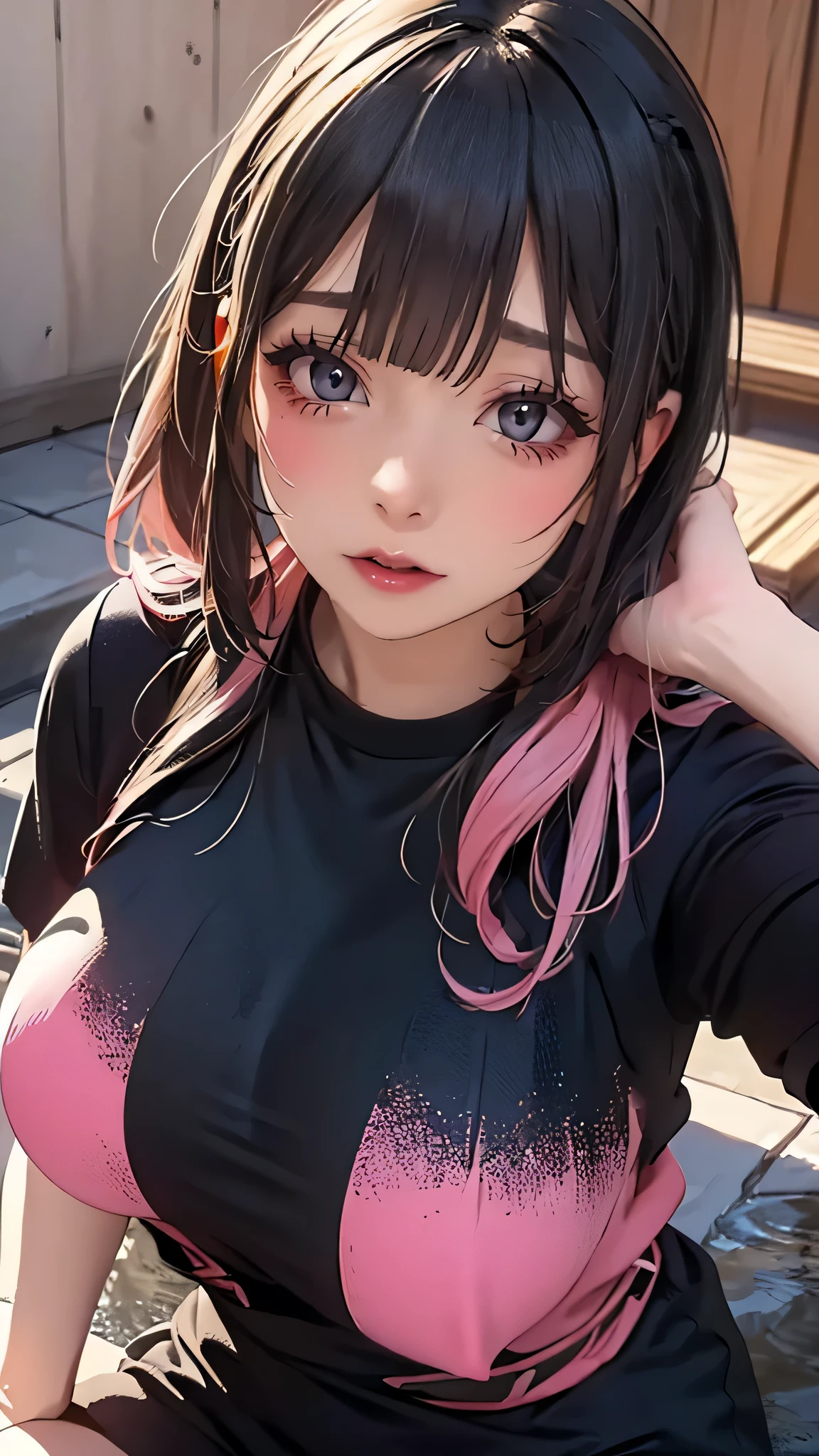 from above,overhead shot,onsen,(lying),(on back),baggy t-shirt,swimsuit,(random Lively pose),(Thin type),(large breasts),(Hair color divided into black and pink on the left and right),(random hairstyle),(Highest image quality, (8K), Ultra-realistic, Best Quality, High quality, High Definition, high quality texture, high detailing, Beautiful detailed, fine detailed, extremely details CG, Detailed texture, realistic representation of face, masterpiece, presence),(wearing glasses:1.5)