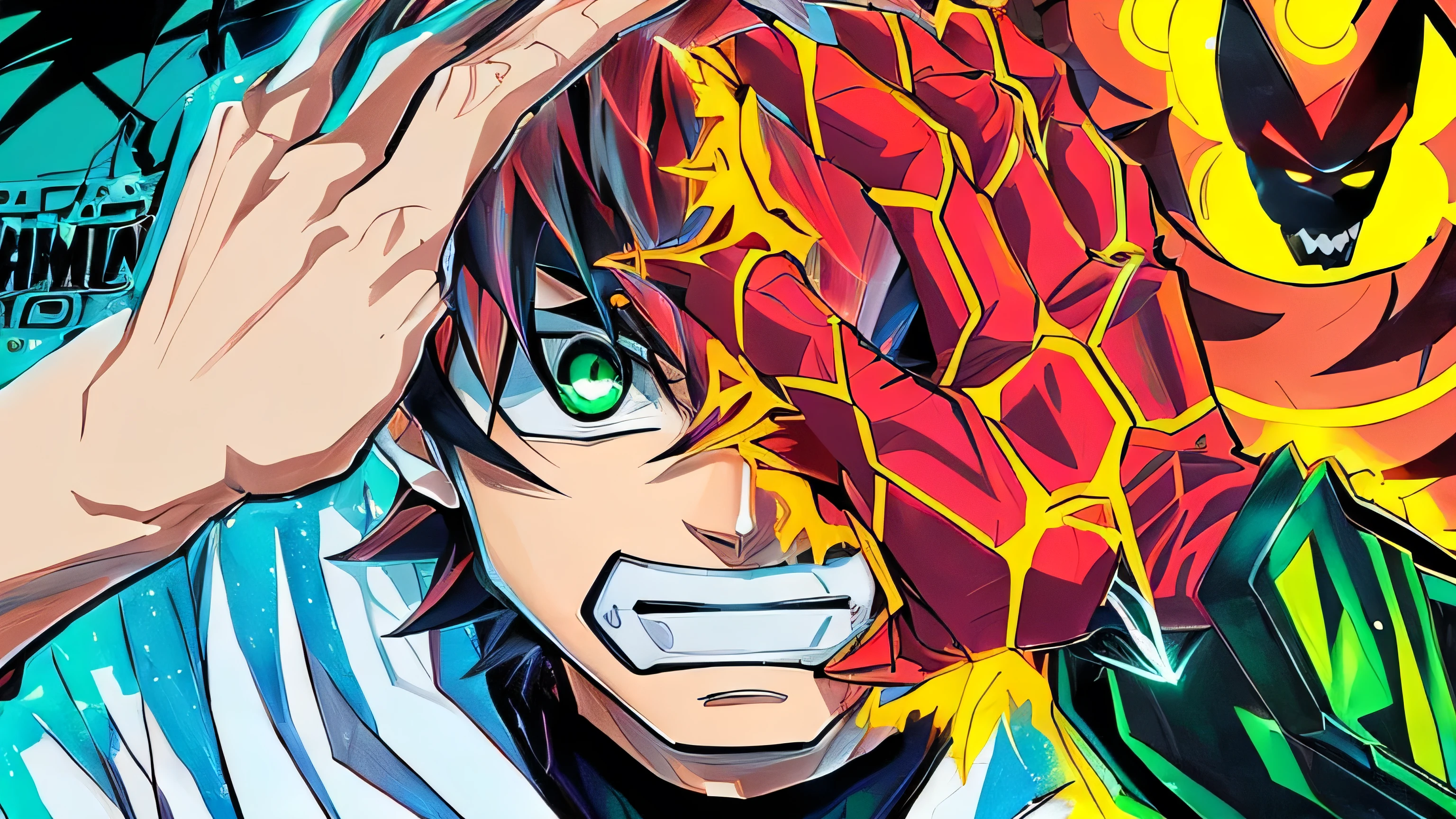 personagem de cartoon , ben 10 with a hand on his face and a demon behind him,carntrix, rosto de anime irritado altamente detalhado, epic anime style, anime style hiper detalhado, stunning manga art style, colorful manga art, arte digital detalhada de anime, colorful manga visual style, color manga panel, advanced digital anime art”, raiva. hiper detalhado, arte oficial, arte em estilo anime, colorful digital illustration