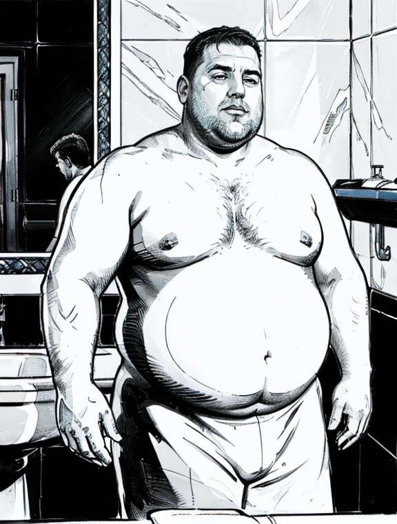 (highres,ultra-detailed,realistic:1.2),2 men standing in a bathroom with towels, fatherly figure, gigantic and obese, leaked photo, in the background, fat belly, Body Type, shirtless, morbidly obese, bathroom tiles, bright lighting