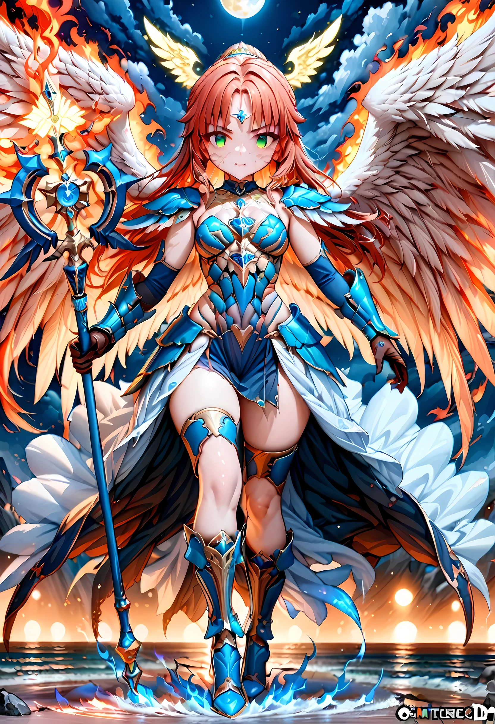 16k, ultra detailed, masterpiece, best quality, (extremely detailed), arafed, dnd art, panoramic view, full body, aasimar, female, (Masterpieceת intense details:1.3), female, sorceress, casting flaming spell(Masterpieceת intense details:1.3) large feathered wings,(white: 1.3) angelic wings spread (Masterpieceת intense details:1.3), fantasy magical heaven background (Masterpieceת intense details:1.3), moon, stars, clouds, wearing (azure: 1.3) armor (Masterpieceת intense details:1.3), high heeled boots (Masterpieceת intense details:1.3), armed with staff, (red hair: 1.4), (green eyes: 1.4), intense eyes, ultra feminine, ultra detailed face, (Masterpieceת intense details:1.5), (anatomically correct: 1.5), determined face, divine light, cinematic lighting, soft light, silhouette, photorealism, panoramic view ((Masterpieceת intense details:1.3) , Wide-Angle, Ultra-Wide Angle, 16k, highres, best quality, faize, 2.5D rendering, ArmoredDress