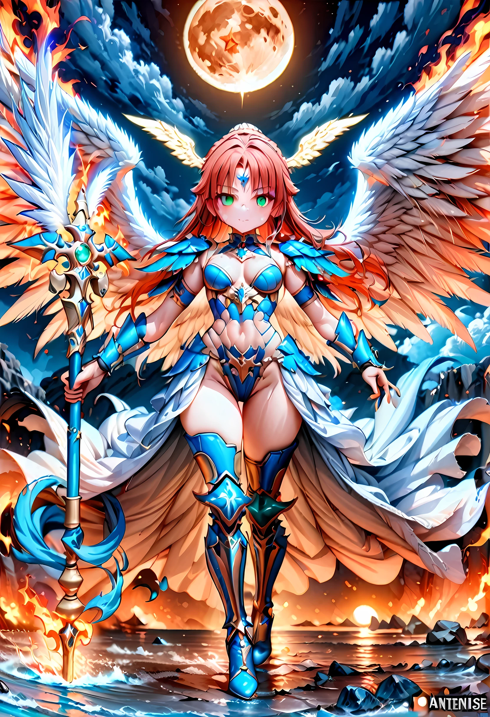 16k, ultra detailed, masterpiece, best quality, (extremely detailed), arafed, dnd art, panoramic view, full body, aasimar, female, (Masterpieceת intense details:1.3), female, sorceress, casting flaming spell(Masterpieceת intense details:1.3) large feathered wings,(white: 1.3) angelic wings spread (Masterpieceת intense details:1.3), fantasy magical heaven background (Masterpieceת intense details:1.3), moon, stars, clouds, wearing (azure: 1.3) armor (Masterpieceת intense details:1.3), high heeled boots (Masterpieceת intense details:1.3), armed with staff, (red hair: 1.4), (green eyes: 1.4), intense eyes, ultra feminine, ultra detailed face, (Masterpieceת intense details:1.5), (anatomically correct: 1.5), determined face, divine light, cinematic lighting, soft light, silhouette, photorealism, panoramic view ((Masterpieceת intense details:1.3) , Wide-Angle, Ultra-Wide Angle, 16k, highres, best quality, faize, 2.5D rendering, ArmoredDress
