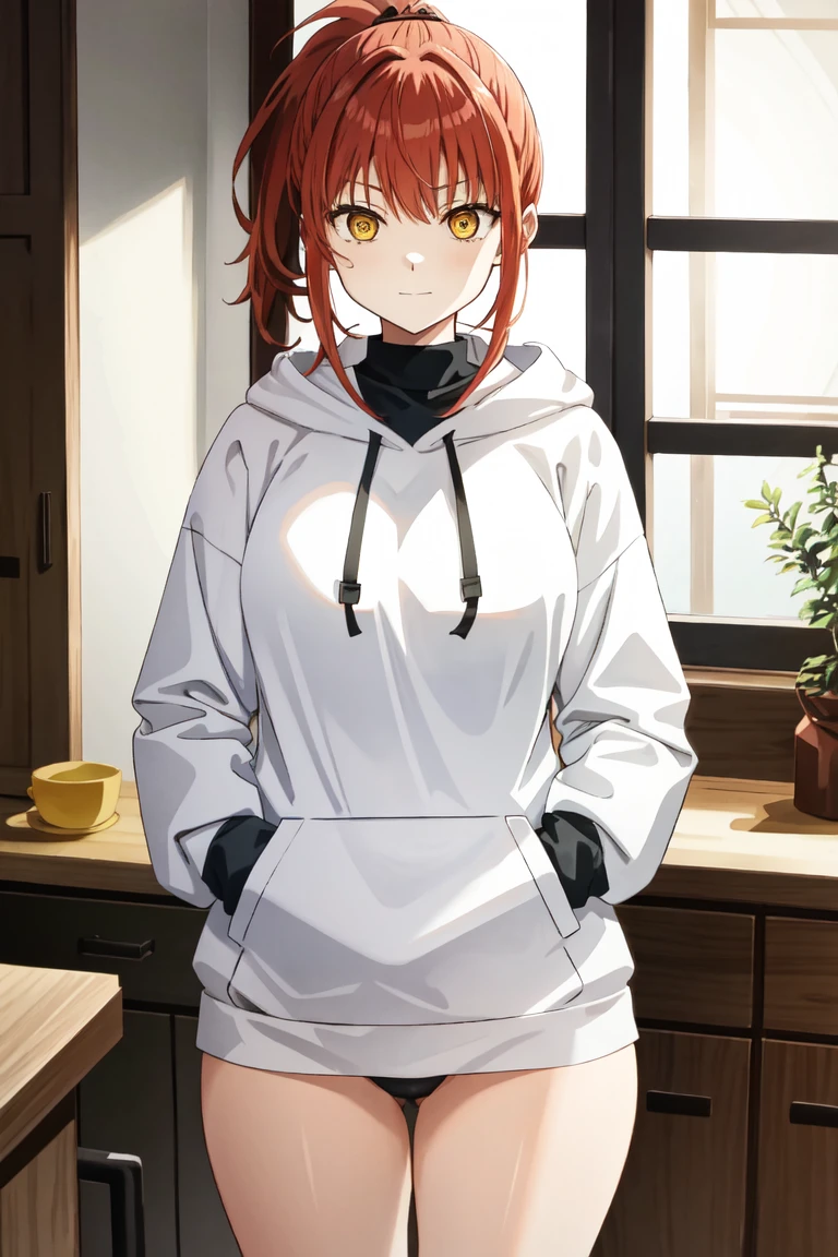 makima\(chainsaw man\), long sleeves, red hair, large breasts, solo, looking at viewer, thick thighs, hand in lap, yellow eyes, 1girl, thick hoodie, heavy hoodie, long flowing hair, indoors, white hoodie strings, makima, 36 year old mature woman, milf, (standing in kitchen), serious eyes contraditing smile, beautiful japanese home, extremely welcoming, long face, no pants, oversized hoodie, 3/4, body shot, light pink hoodie almost white, ponytail, tight hoodie