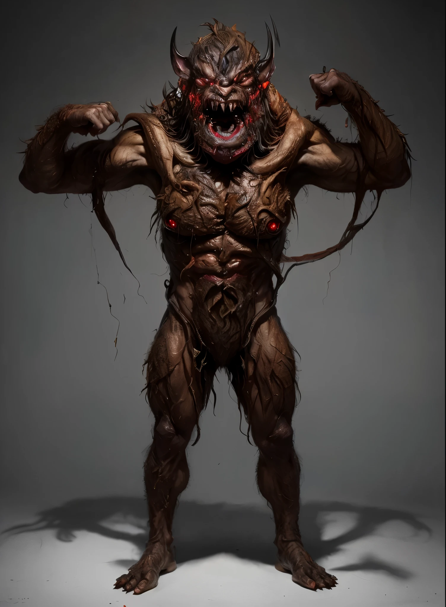 whole body、Please raise your arms high、Sharp Claws、expensive、expensive、obesity、always Bloody、Bloody、Bloody、Best image quality、masterpiece、8k、odd number、strongest、Brutal、monster、killer ghost、Wrestler、Large build、Face of fear、suction cup、8k,1 red skinned goblin,Highly detailed fantasy characters、Humanoid organisms、creature concept art、concept creature character art、超リアルなファンタジーmonster,Surreal,Real Skin,Realistic texture,