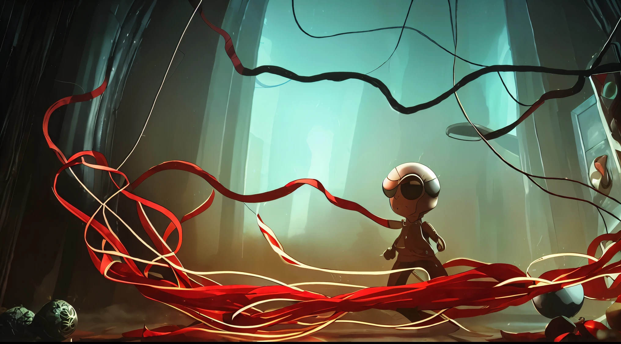 SCP-066 - Eric's Toy, from SCP lore, SCP-066 is an amorphous mass of braided yarn and ribbon weighing approximately one kilogram, suddenly change its colors to a reddish tone, and manifest a dozen of unblinking eyes distributed along the body, digon, art by Barthélemy d'Eyck, magazine, dry-erase marker, illustration, unreal engine, hedge trimming, sRGB, says hello, art by Tom Gourdie