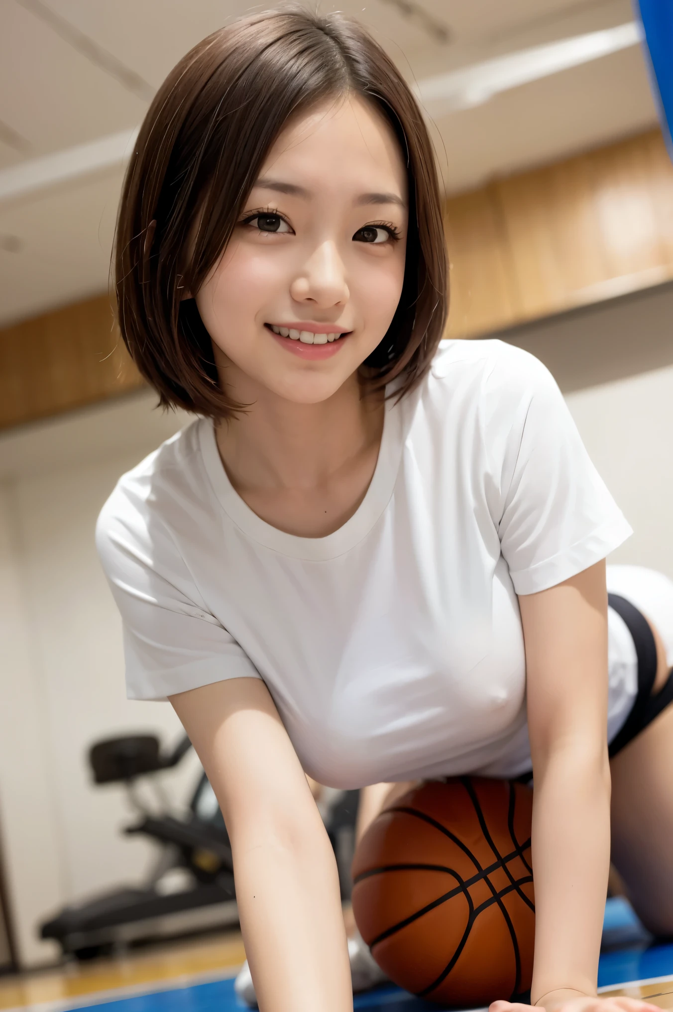 Realistically、16 year old female basketball player、Smooth, Straight brown hair、Super fitted white t-shirt、Panty Shot、No bra:1.3、Large Breasts、Perfect proportions、smile、ロッカールームで先生とMating、Mating、熱いMating、On all fours、はじけるsmile、Sparkling、Frontal close-up of breasts:1.2、The gym&#39;s lighting is backlit、View from below