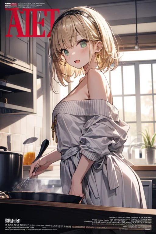 (small breasts:1.3), (perky chest:1.1), (pointed chest:1.0), (fashion magazine cover:1.3),(from below:1.0),(from side:0.9),masterpiece, a 26yo girl, Amazing Cleavage:1.1, thin waist, big ass, Raised sexy, small breast: 1.3, posed cleavage:1.2、solo, looking at viewer, open mouth, have a beautiful beerglass,blonde hair, dark green eyes, dress of bare shoulders, collarbone, sidelocks, hairband, earrings of jewelry, indoors, plant, short hair with long locks, gold hairband, off-shoulder sweater dress, red sweater dress, dark gord hair, very long side hair,is rendered in (masterpiece: 1.2, best quality), with (ultra high resolution) and an exquisite (depth of field),This masterpiece is not only visually stunning but also tells,a scene of be cooking in the kitchen by cooking classroom