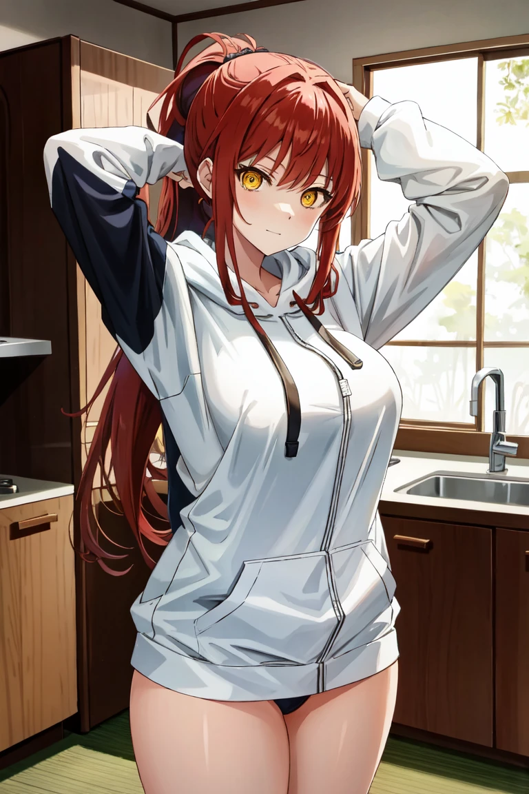 makima\(chainsaw man\), long sleeves, red hair, large breasts, solo, looking at viewer, thick thighs, hand in lap, yellow eyes, 1girl, thick hoodie, heavy hoodie, long flowing hair, indoors, white hoodie strings, makima, 36 year old mature woman, milf, (standing in kitchen), serious eyes contraditing smile, beautiful japanese home, extremely welcoming, long face, no pants, oversized hoodie, 3/4, body shot, light pink hoodie almost white, ponytail, tight hoodie, hands on head, arms up