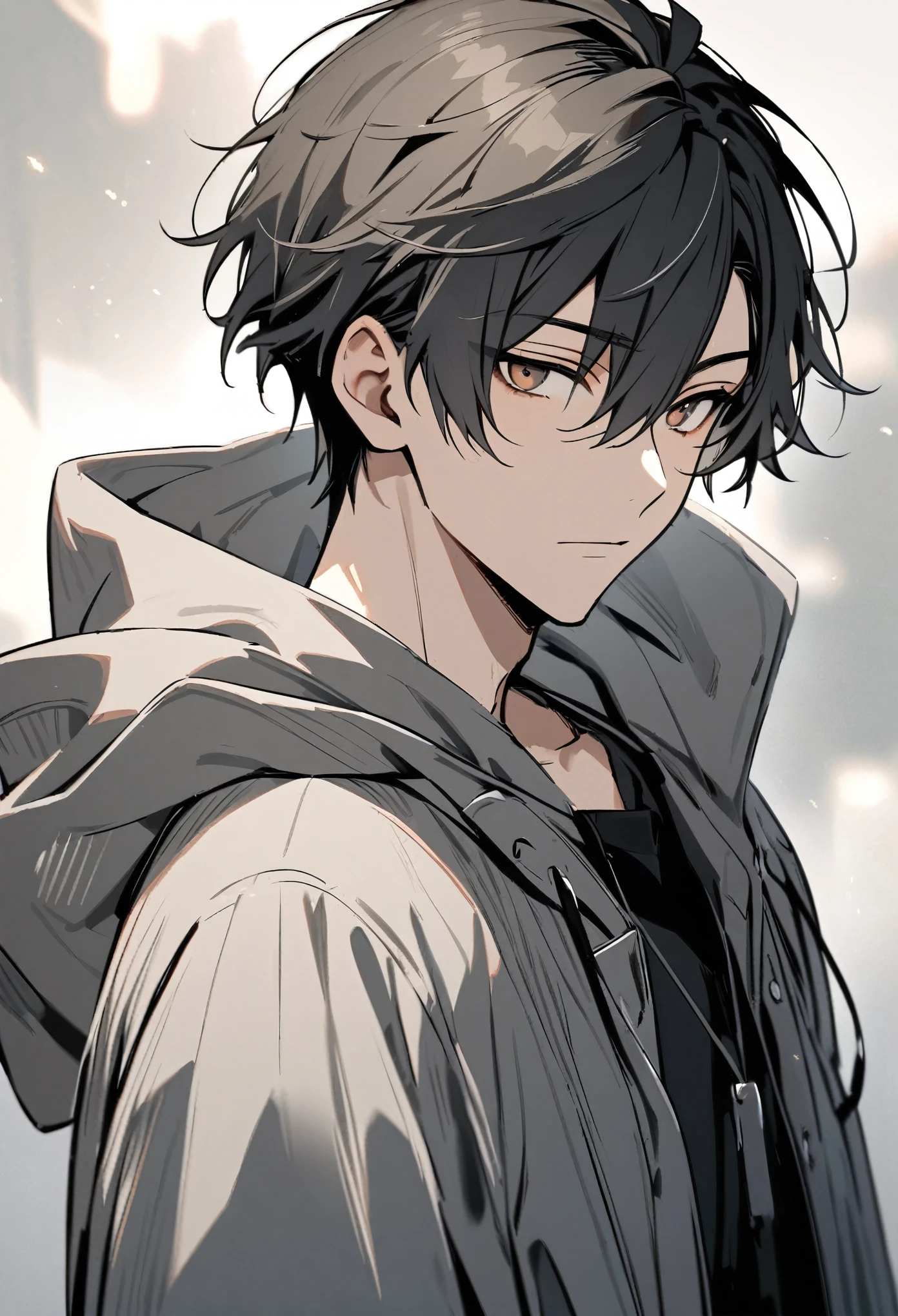 Beautiful, One, 1 man, short hair, black hair with smoky gray tips, Brown eyes, black shirt, Black and white with hood