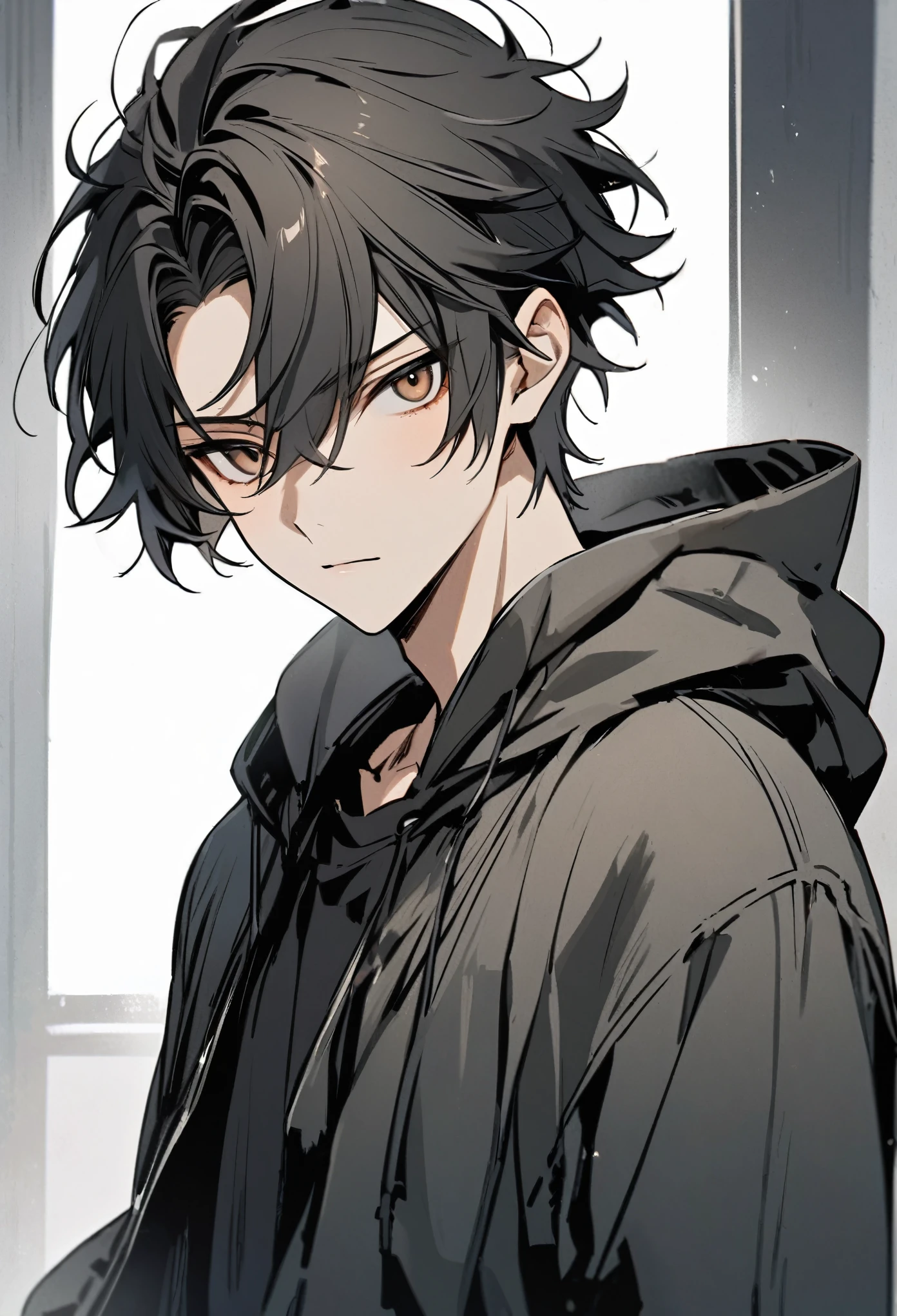 Beautiful, One, 1 man, short hair, black hair with smoky gray tips, Brown eyes, black shirt, Black and white with hood