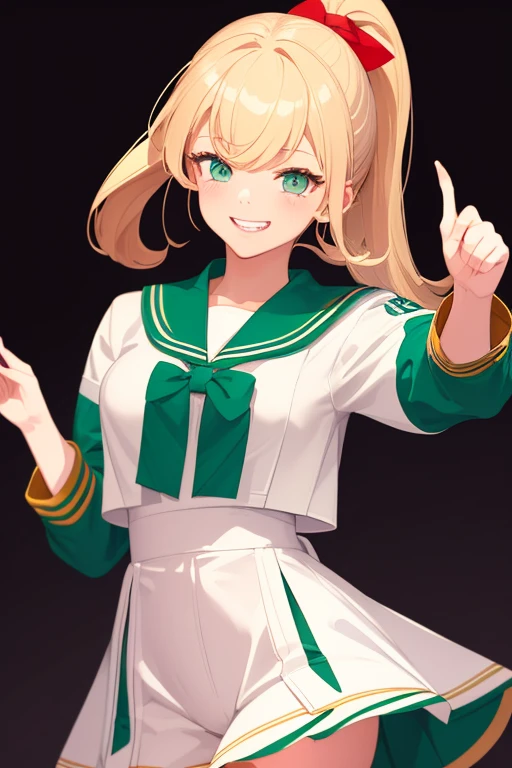 (highest quality:1.2, 4K, 8k, Studio Anime, Very detailed, Latest, Vibrant, High detail, High Contrast, masterpiece:1.2, highest quality, Best aesthetics), (((1 girl))), JK, , illustration texture, Bright colors, Soft lighting, blonde, ponytail, Red ribbon, ((Beautiful details, Slanted Eyes, Green Eyes)), Beautiful lip detail, playful look, ((Sailor suit:1.2, White and dark green uniform)), ((Pointing at the audience:1.4)), (Crazy Smile:1.4), A competitive yet friendly atmosphere, Striking contrast,