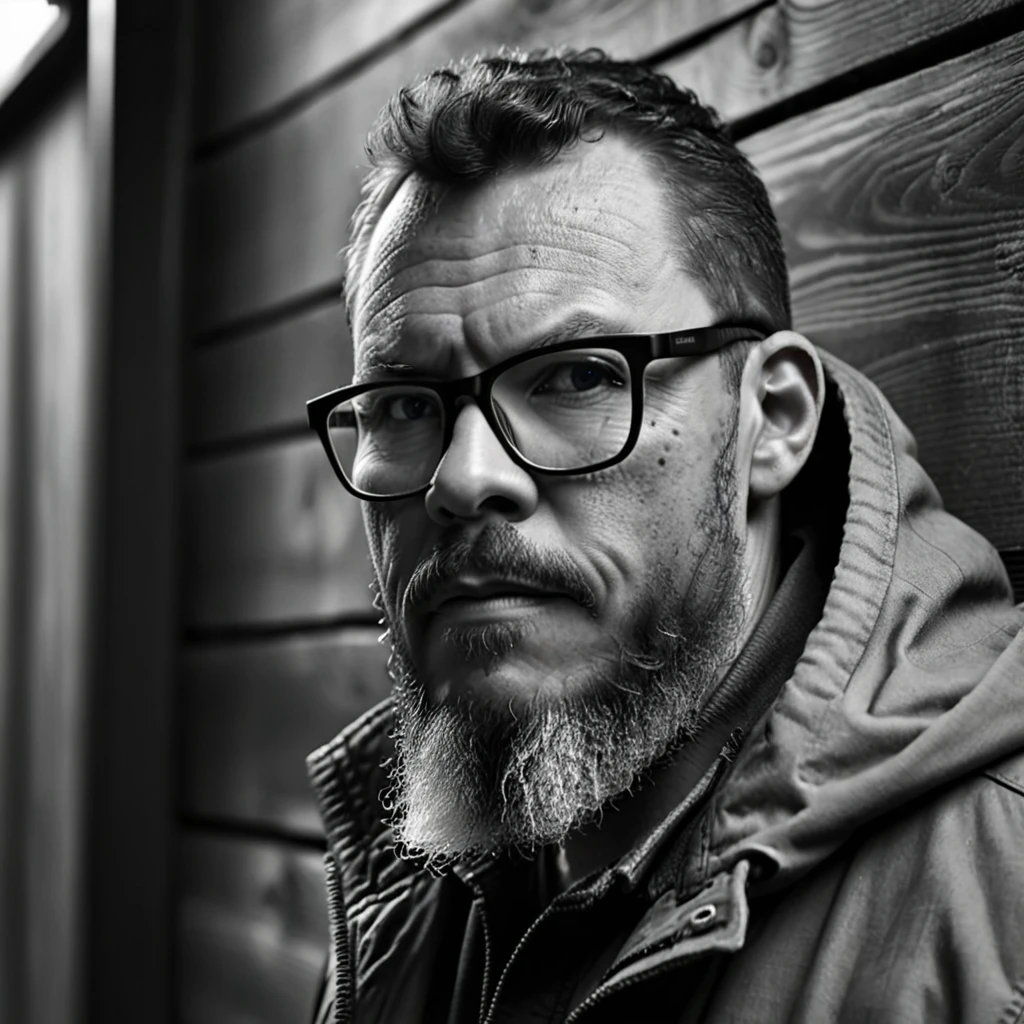 Create a striking black and white portrait of a rugged lumberjack wearing glasses, emphasizing the contrasts between light and shadow. His intense gaze pierces through the monochrome frame, drawing the viewer's attention to the intricate details of his beard and the sharp lines of his military-style haircut. The chiaroscuro lighting adds depth and drama to the composition, accentuating the texture of the rustic wooden wall behind him. This timeless photograph evokes a sense of strength and resilience, capturing the essence of the modern-day woodsman in a grayscale masterpiece.A raw, cyberpunk-style half-body portrait of a man with glasses and a beard, wearing a hooded jacket with neon strips, set in a futuristic, rain-soaked cityscape. The lighting is Rembrandt chiaroscuro, emphasizing dramatic contrasts. His skin shows realistic details with natural imperfections. Masterpiece, ultra-realistic, captured using a Canon D40 with a 50mm lens.
gutto2024sdxl