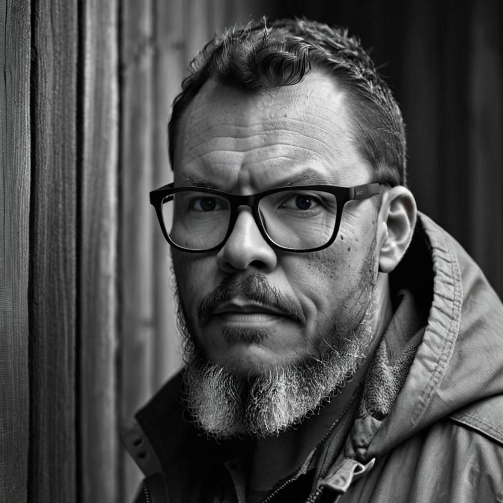 Create a striking black and white portrait of a rugged lumberjack wearing glasses, emphasizing the contrasts between light and shadow. His intense gaze pierces through the monochrome frame, drawing the viewer's attention to the intricate details of his beard and the sharp lines of his military-style haircut. The chiaroscuro lighting adds depth and drama to the composition, accentuating the texture of the rustic wooden wall behind him. This timeless photograph evokes a sense of strength and resilience, capturing the essence of the modern-day woodsman in a grayscale masterpiece.A raw, cyberpunk-style half-body portrait of a man with glasses and a beard, wearing a hooded jacket with neon strips, set in a futuristic, rain-soaked cityscape. The lighting is Rembrandt chiaroscuro, emphasizing dramatic contrasts. His skin shows realistic details with natural imperfections. Masterpiece, ultra-realistic, captured using a Canon D40 with a 50mm lens.
gutto2024sdxl