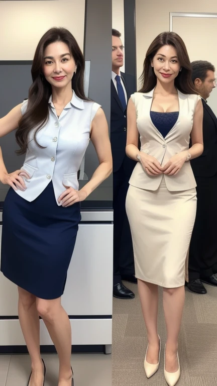 ((highest quality、8K、masterpiece:1.3)), whole body, long legs, sharp focus:1.2, beautiful woman with perfect figure:1.4, thin abs:1.1, The background is an office lined with desks.., ((shortcut、big breasts:1.2)), (wearing a woman's business suit, wearing business slacks, ((はち切れんばかりの魅惑的なbig breasts2.2)), big soft ass, slim and toned waist, Laughs while speaking to the audience:1.2), Highly detailed face and skin texture, fine eyes, double eyelid, Female, 49 years old, mature woman, smiling face
