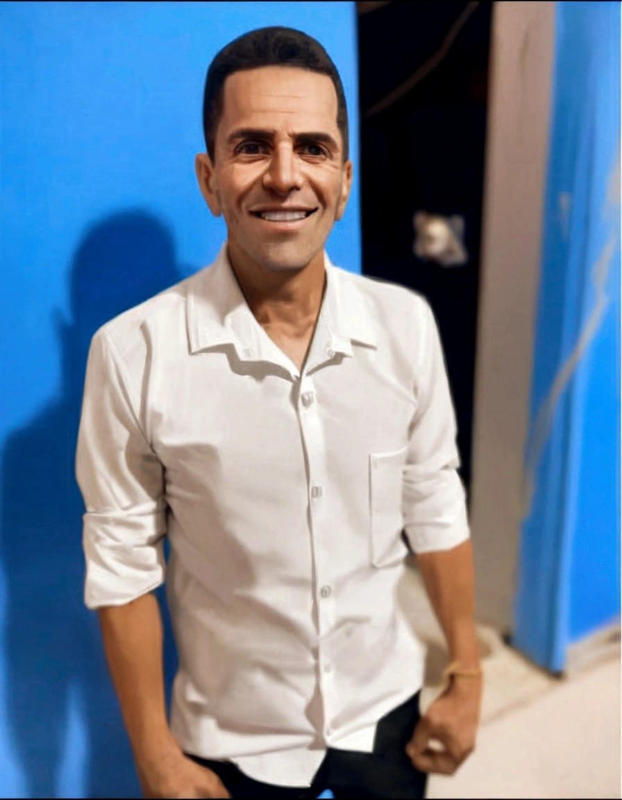 Man in a white shirt standing in front of a blue wall, david rios ferreira, edu souza, Mohammed Chahin, icaro carvalho, Miguel Iglesias, por Luis Miranda, caio santos, imagem de perfil, Ahmed Merheb, Amr Elshamy, gui guimaraes, powder Nándor Katona, by Felipe Seade