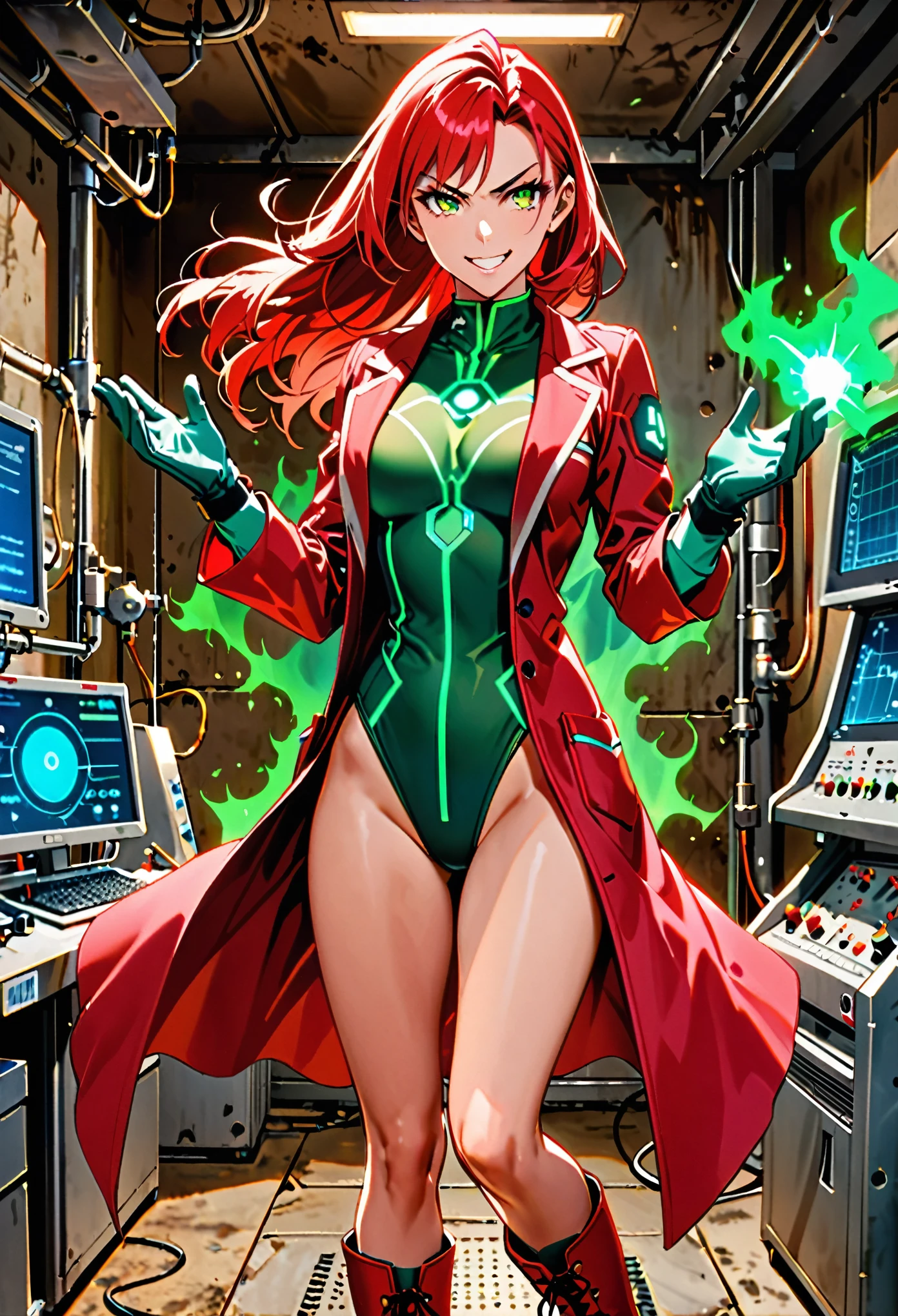 masterpiece, best quality, 1girl, solo, tall body, scientist, mad scientist, (red lab coat), (green leotard), (red bow, hair bow), bare legs, (ankle-high boots, red boots, matching boots), (gloves, green gloves, matching gloves), (red hair, long hair), (hazel eyes, beautiful detailed eyes), (perfect hands, complete fingers, perfect anatomy, perfect proportions), scheming pose, professional, laboratory backdrop, cowboy shot, bunker, evil grin, (atomic symbol on chest), powering up, full body costume design, glow, energy pulse, (aura, red aura).